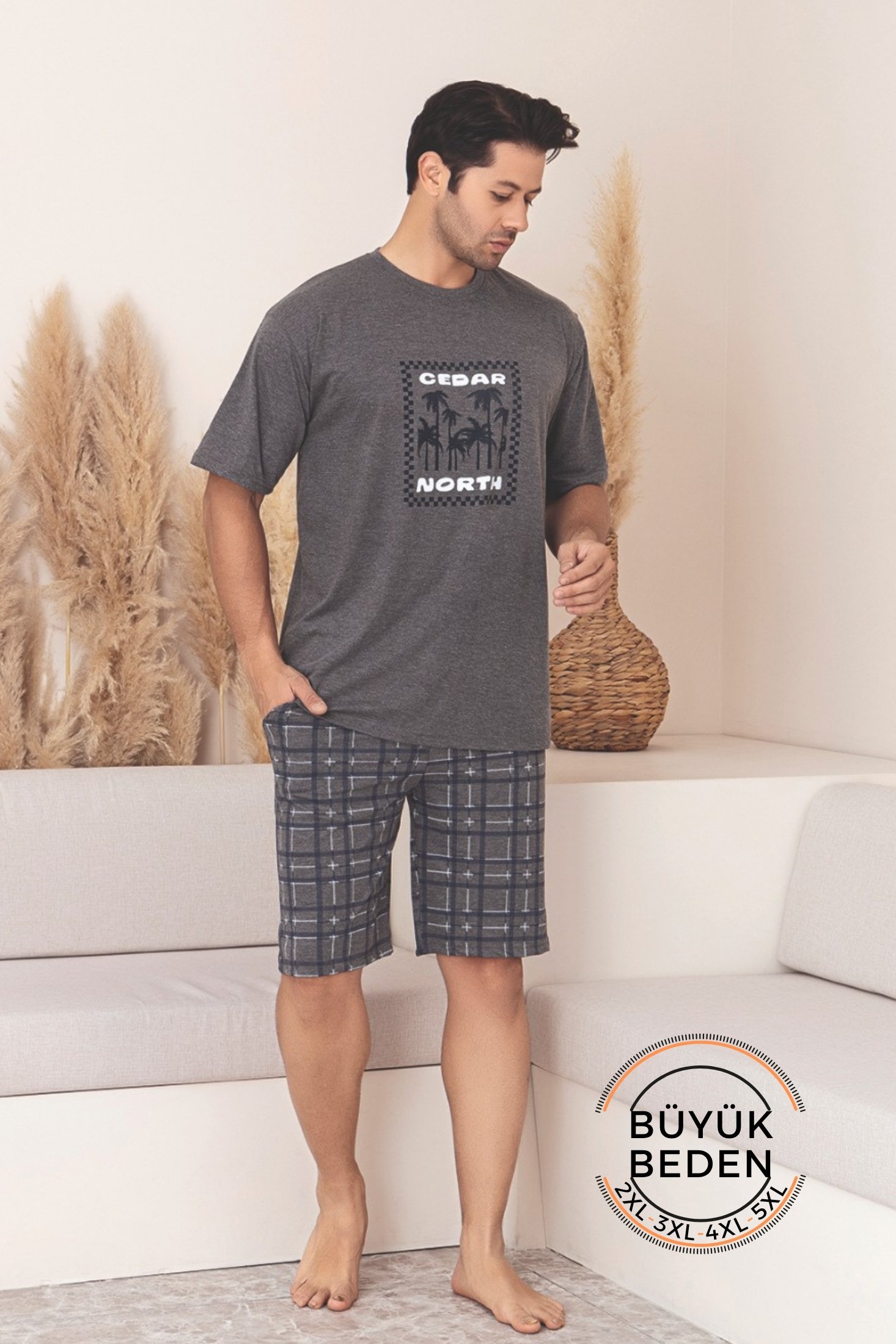 Büyük Beden Pamuklu Cepli Kısa Kollu Şortlu Erkek Pijama Takımı