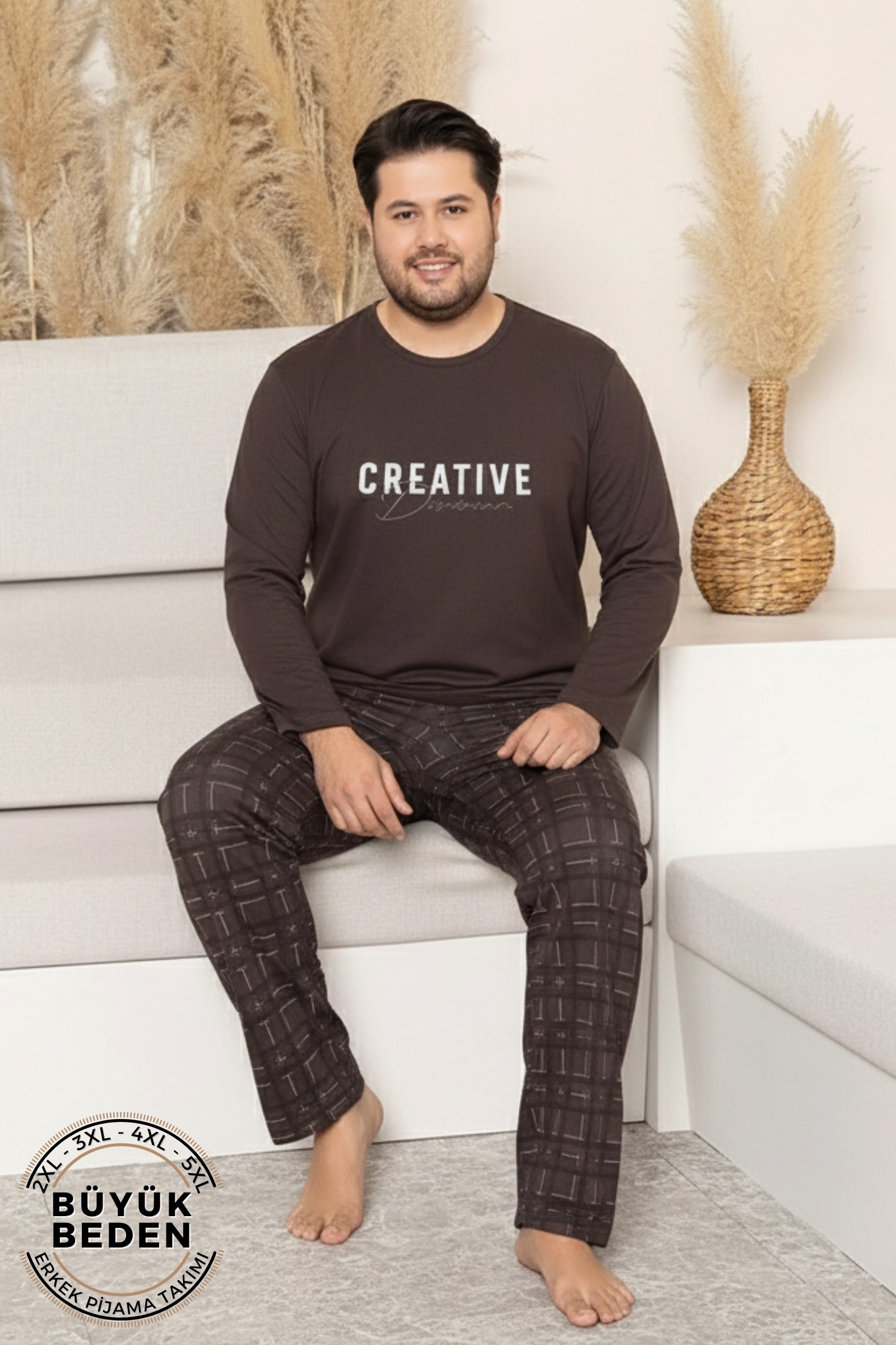 Büyük Beden Pamuklu Uzun Kollu Ekose Kareli Erkek Pijama Takımı - Kahverengi