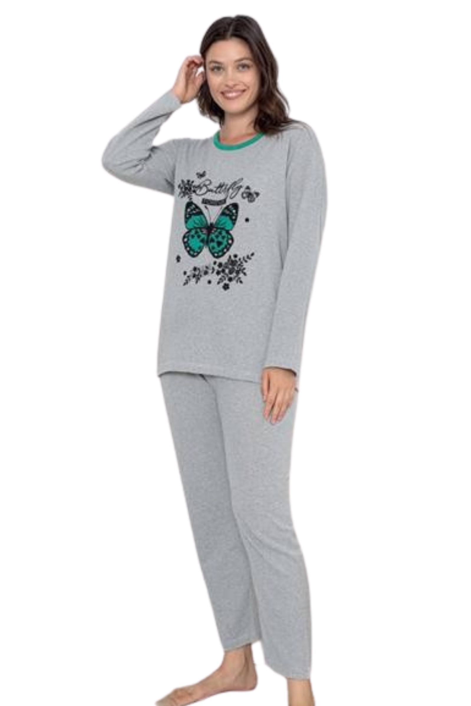 Dreamy Pamuklu Desenli 2 İplik Uzun Kollu Pijama Takımı - Gri