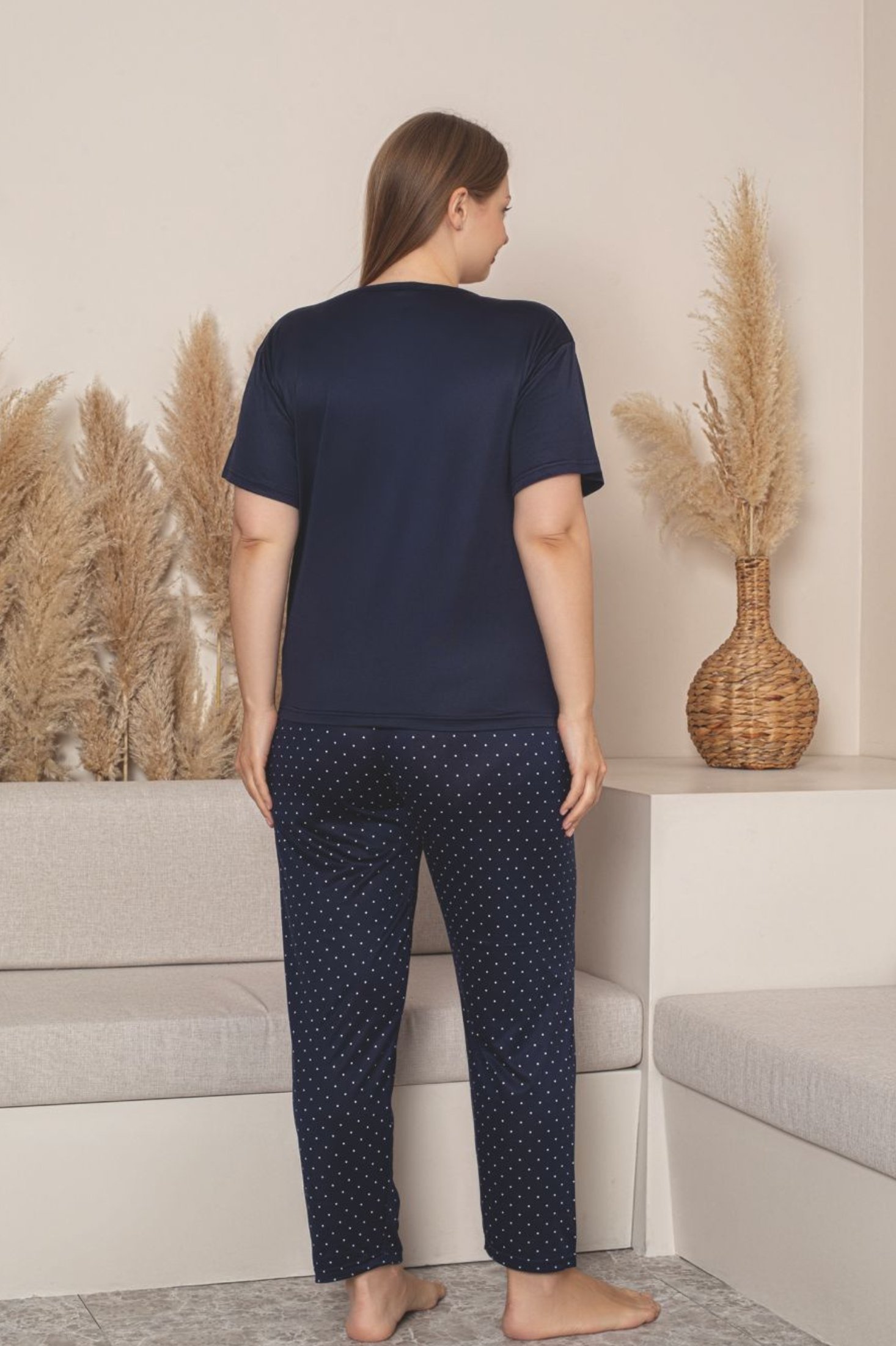 Büyük Beden Milan Bambu Kısa Kollu Likralı Penye Pijama Takımı - Lacivert