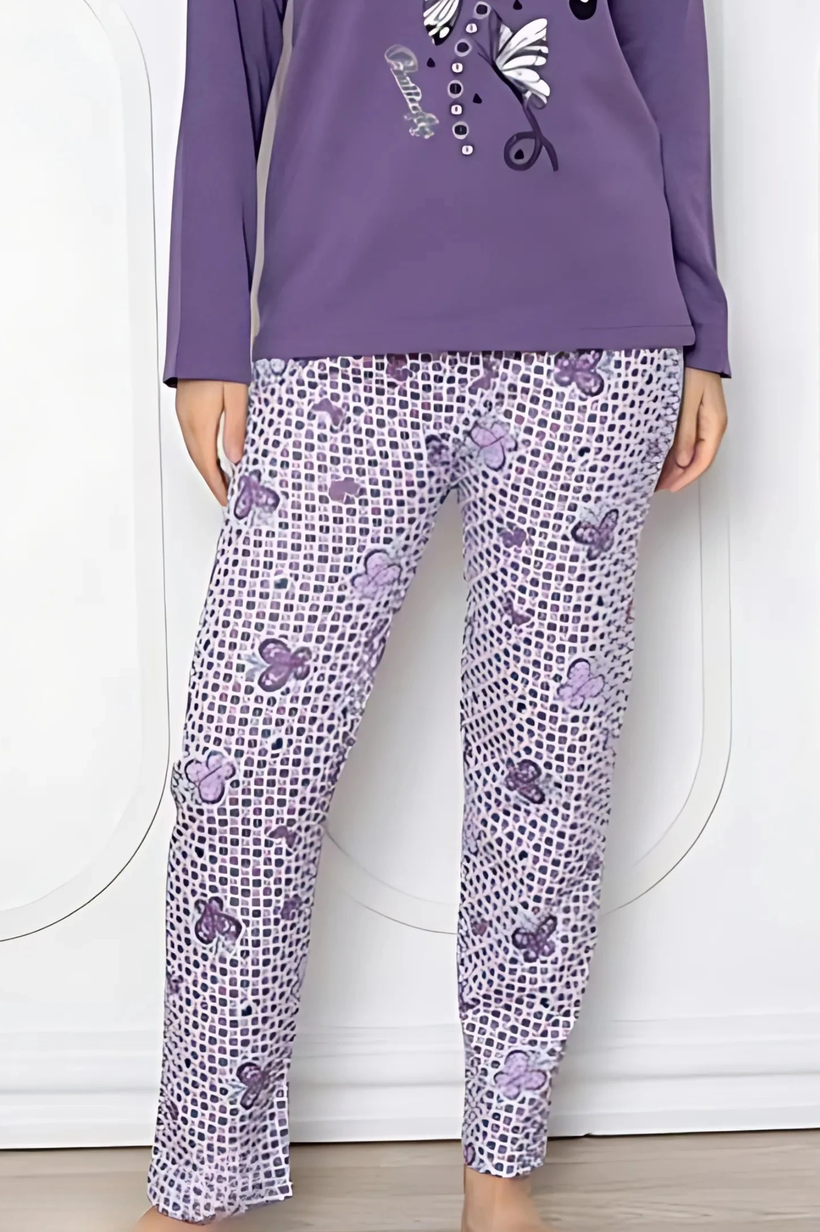 Dreamy Pamuklu Desenli 2 İplik Uzun Kollu Pijama Takımı - Mor