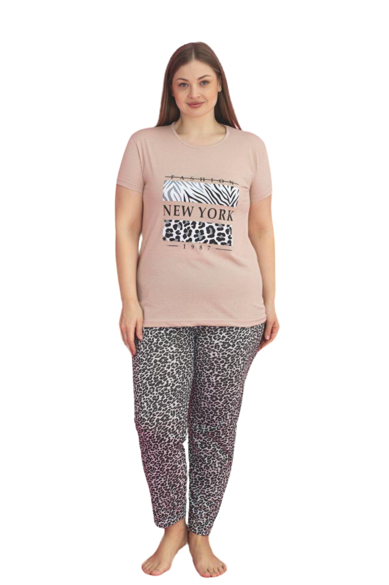 X-Dreamy Büyük Beden Pamuklu Leopar Desenli Kısa Kollu Pijama Takımı - Kahverengi