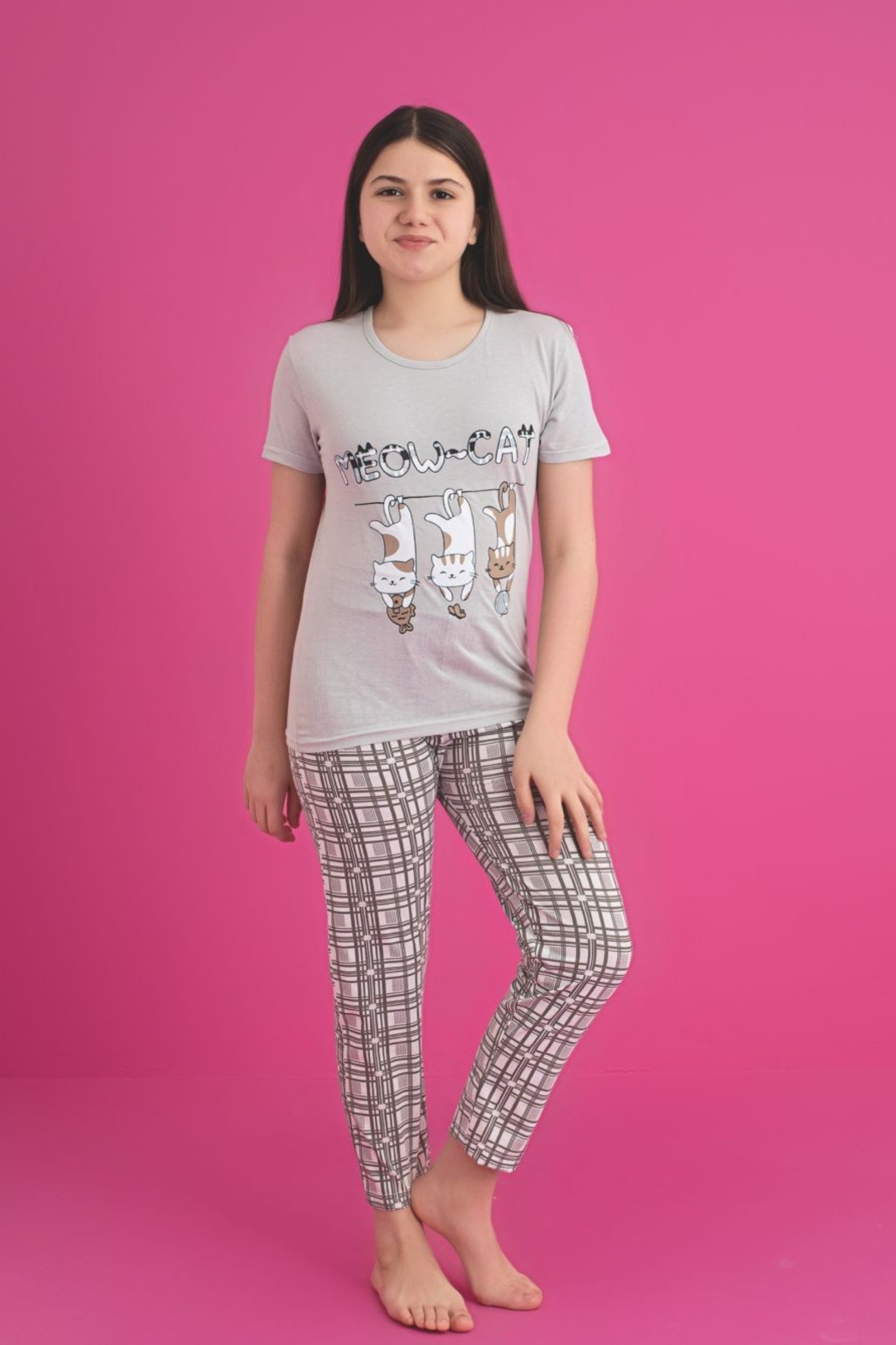 Faryakids Pamuklu Kısa Kollu Kedi Desenli Kız Çocuk Pijama Takımı - Gri