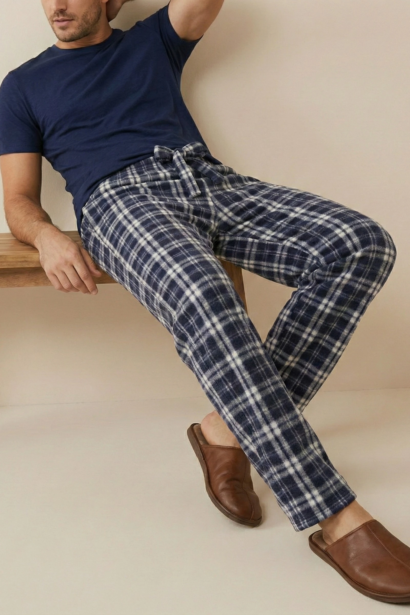 Luxury Soft Wellsoft Polar Ekose Kare Desenli Kışlık Pijama Altı Pantolon - Lacivert