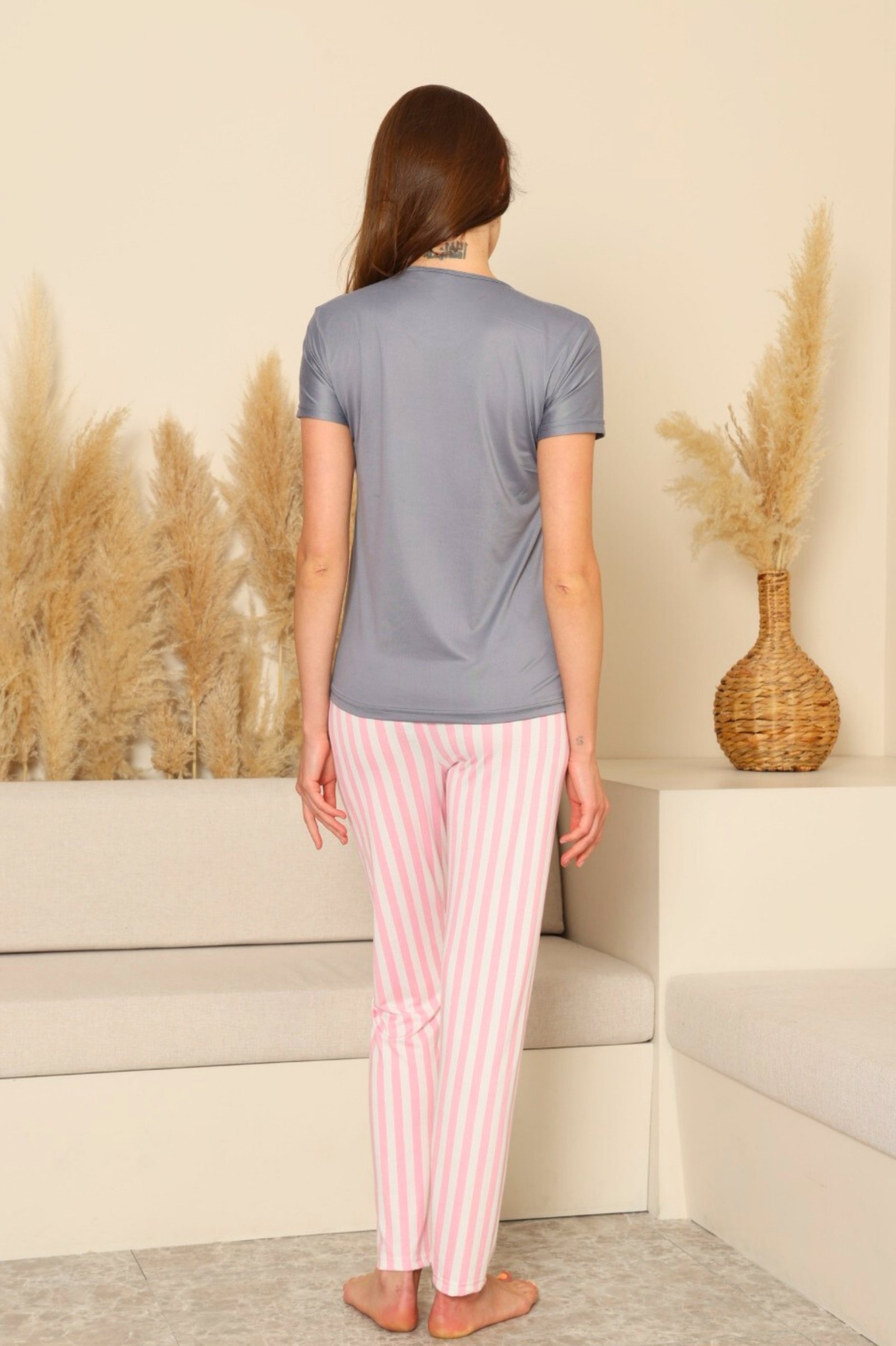 Dreamy Milan Bambu Likralı Desenli Kısa Kollu Pijama Takımı - Gri