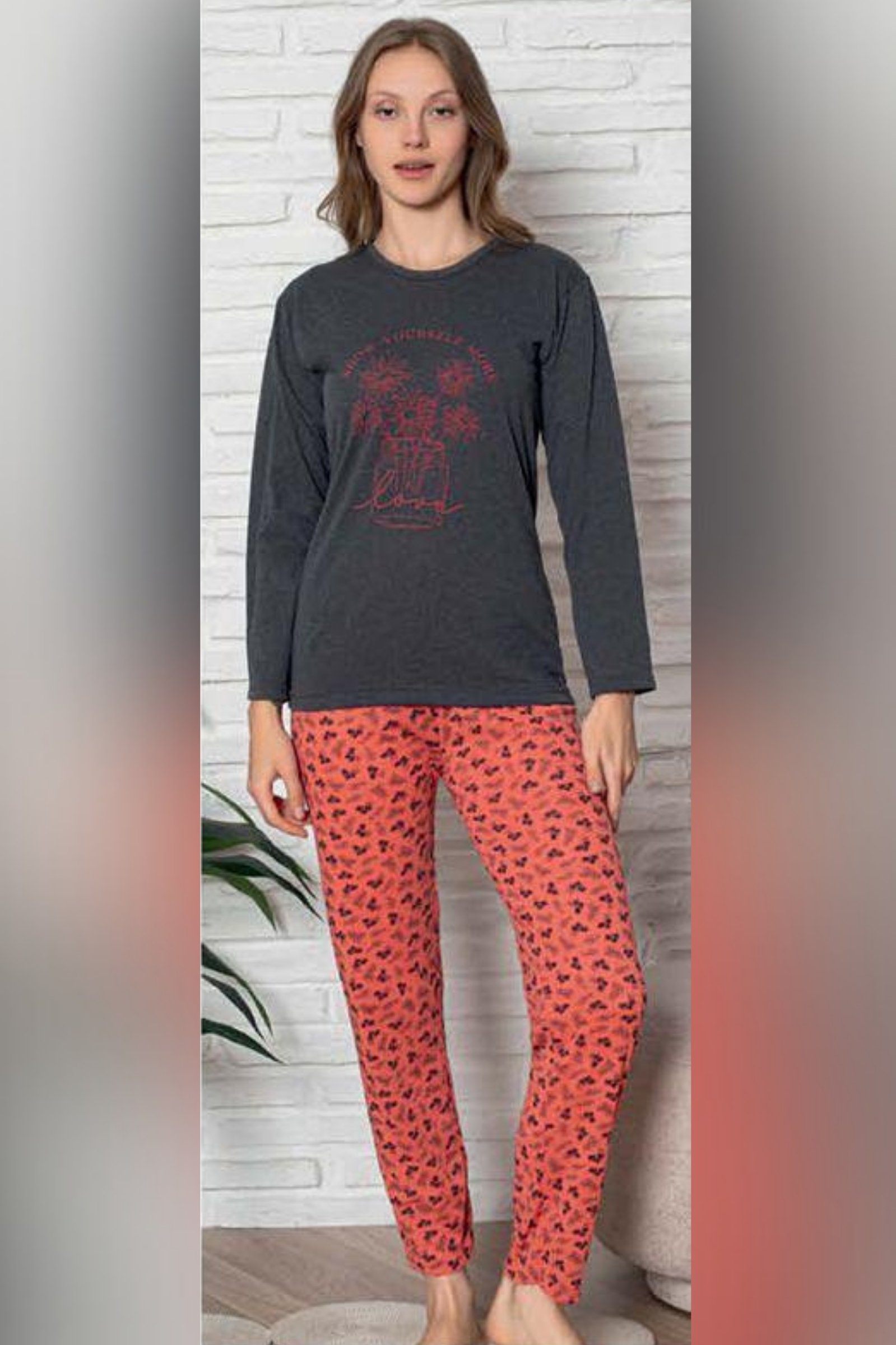Ecodream Uzun Kollu Desenli Ekonomik Kadın Pijama Takımı - FÜME