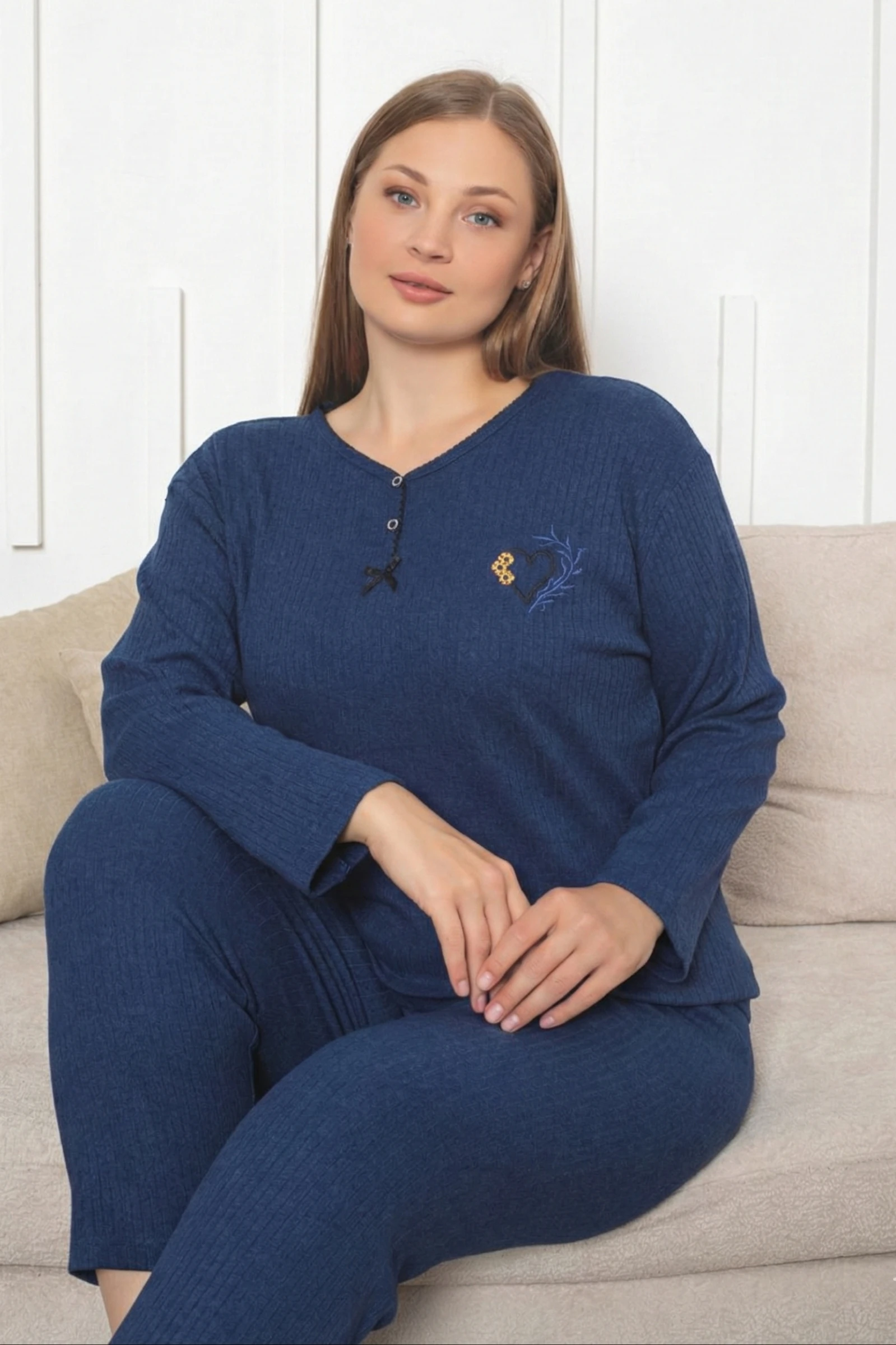 Büyük Beden Pamuklu Kalın Kışlık Düğmeli Şeritli İnterlok Örme Pijama Takımı - Lacivert