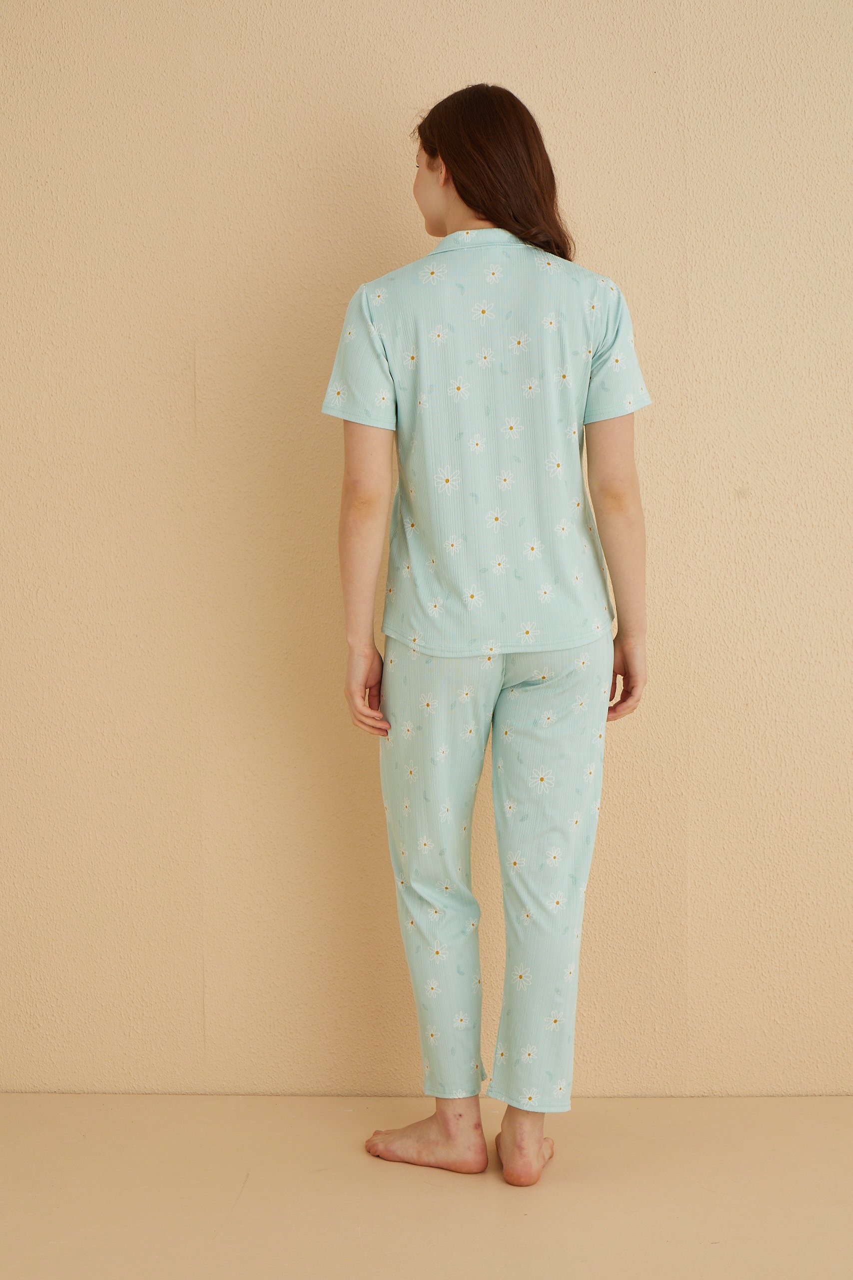 Dreamy Pegasus Papatya Desenli Kısa Kollu Gömlek Pijama Takımı - Mint