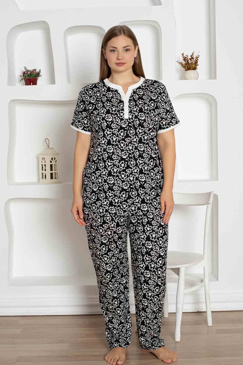 X-Dreamy Büyük Beden Likralı Pamuklu Çiçekli Kısa Kollu Pijama Takımı - Siyah