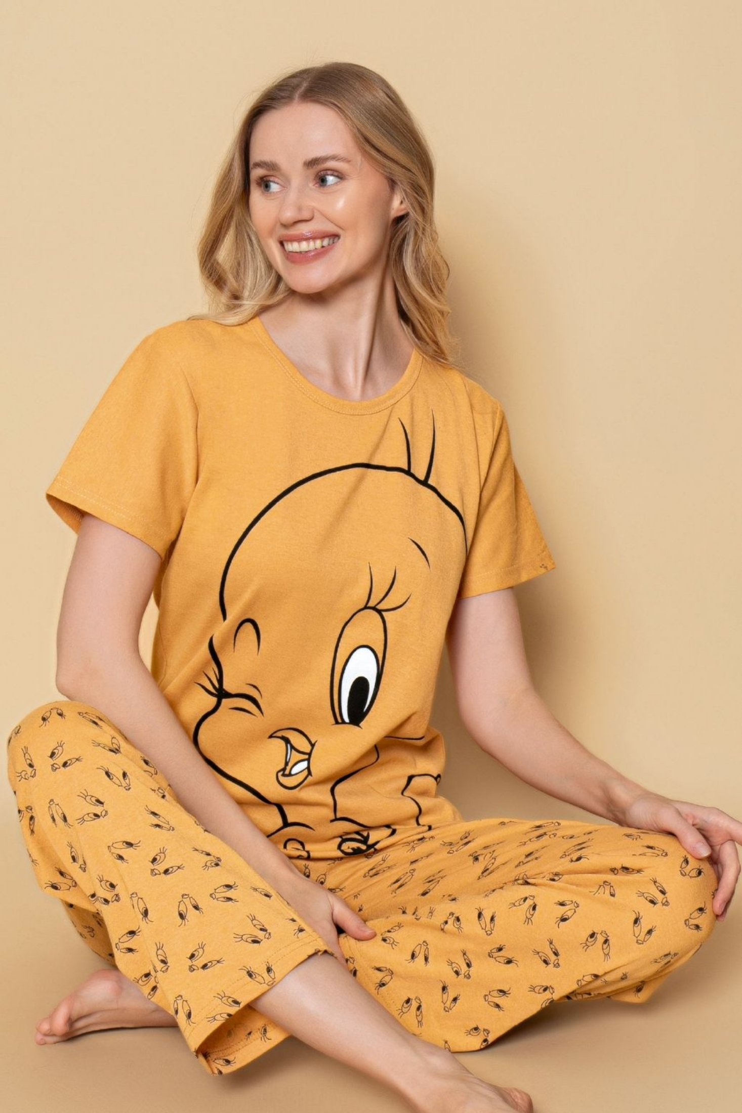 Dreamy Pamuklu Desenli Kısa Kollu Kadın Pijama Takımı - Hardal