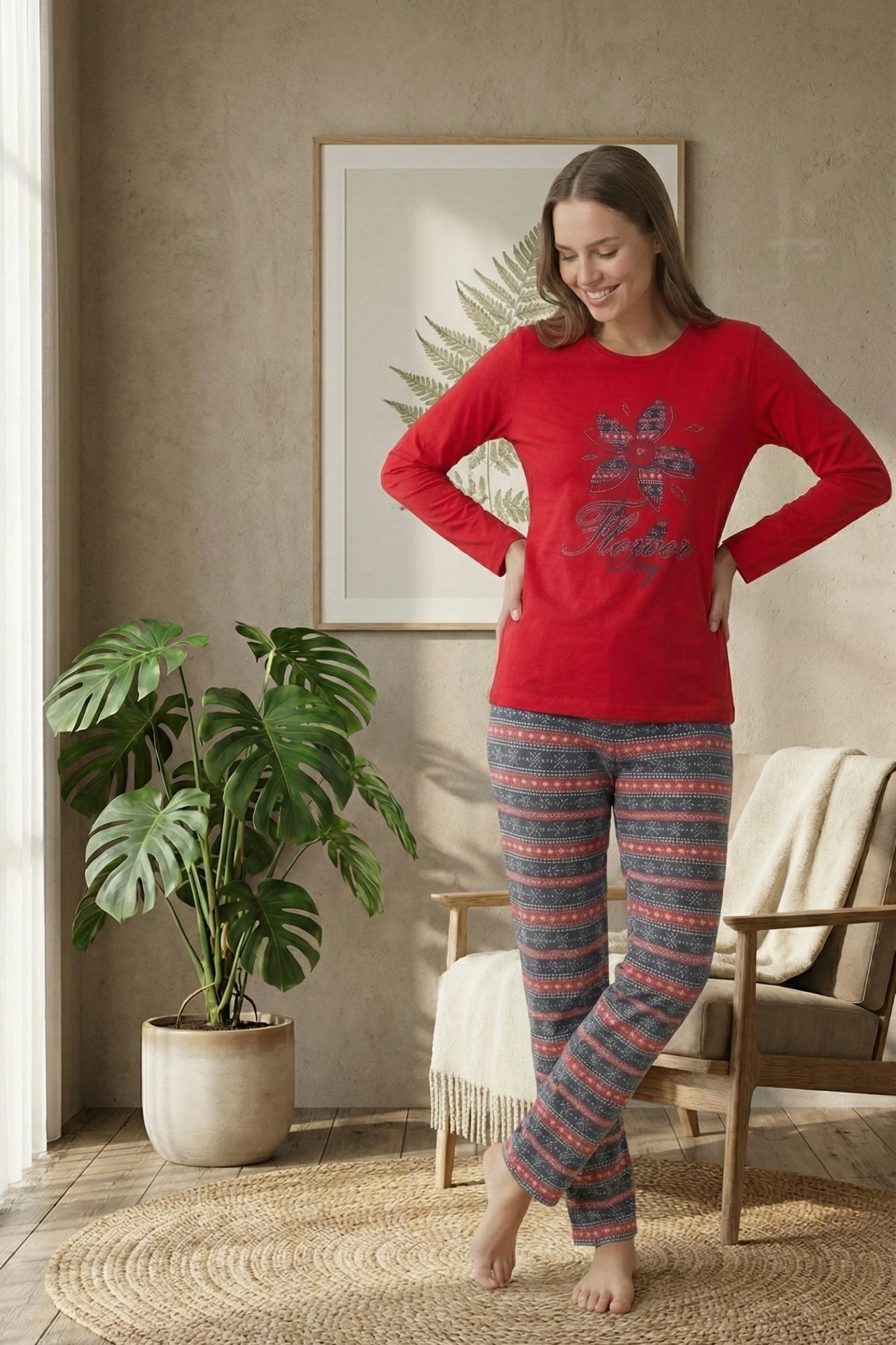 Dreamy Pamuklu Desenli 2 İplik Uzun Kollu Pijama Takımı - Kırmızı-Lacivert