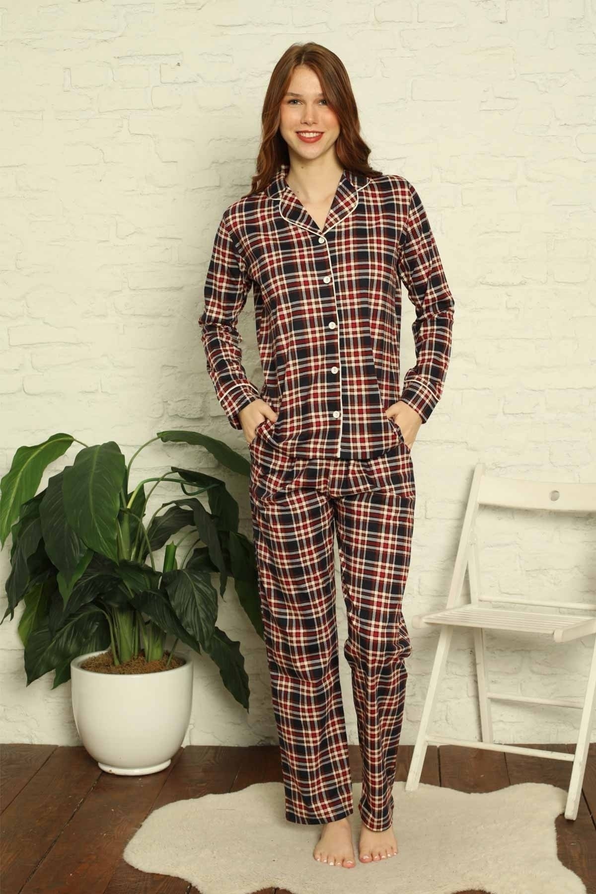 Dreamy Ekoseli Pamuklu Biyeli Uzun Kollu Gömlek Pijama Takımı - Ekose