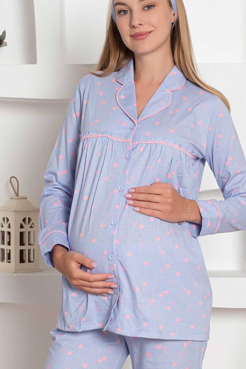 Mother's Dream Pamuklu Biyeli Düğmeli Hamile Lohusa Pijama Takımı - Mavi