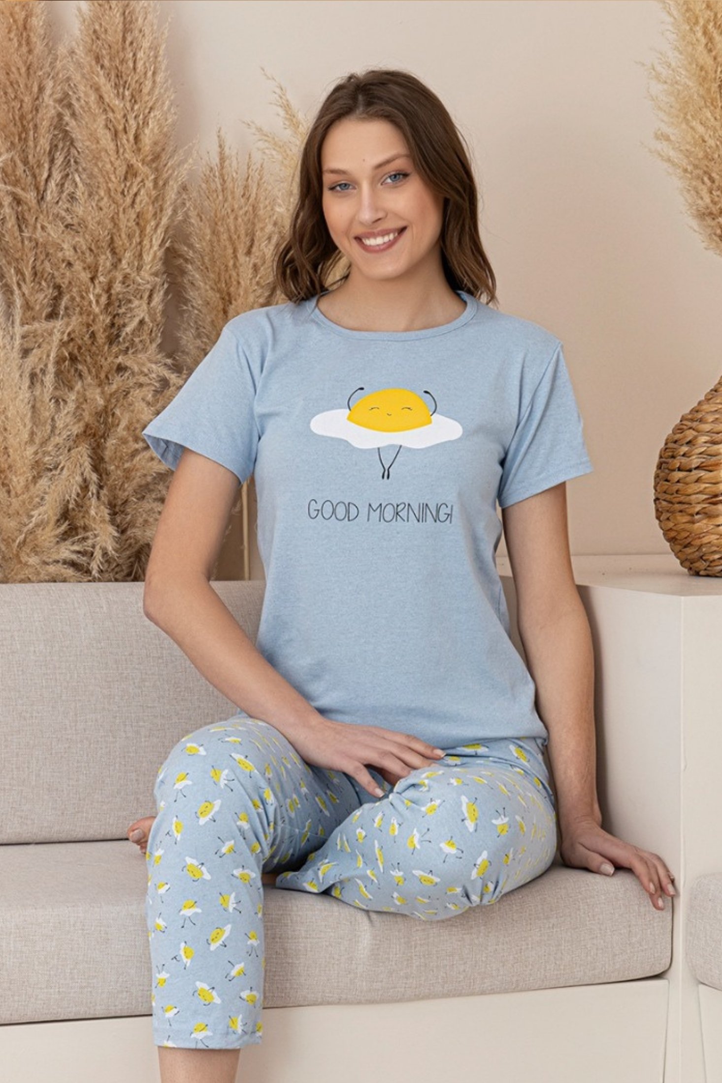 Dreamy Pamuklu Desenli Kısa Kollu Kadın Pijama Takımı - Mavi
