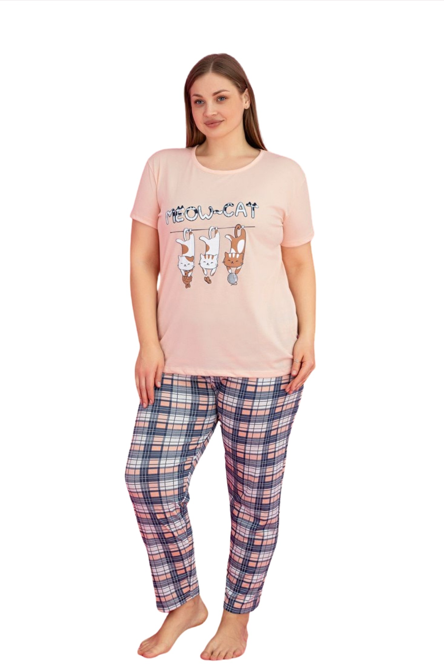 X-Dreamy Büyük Beden Pamuklu Desenli Kısa Kollu Pijama Takımı - Somon