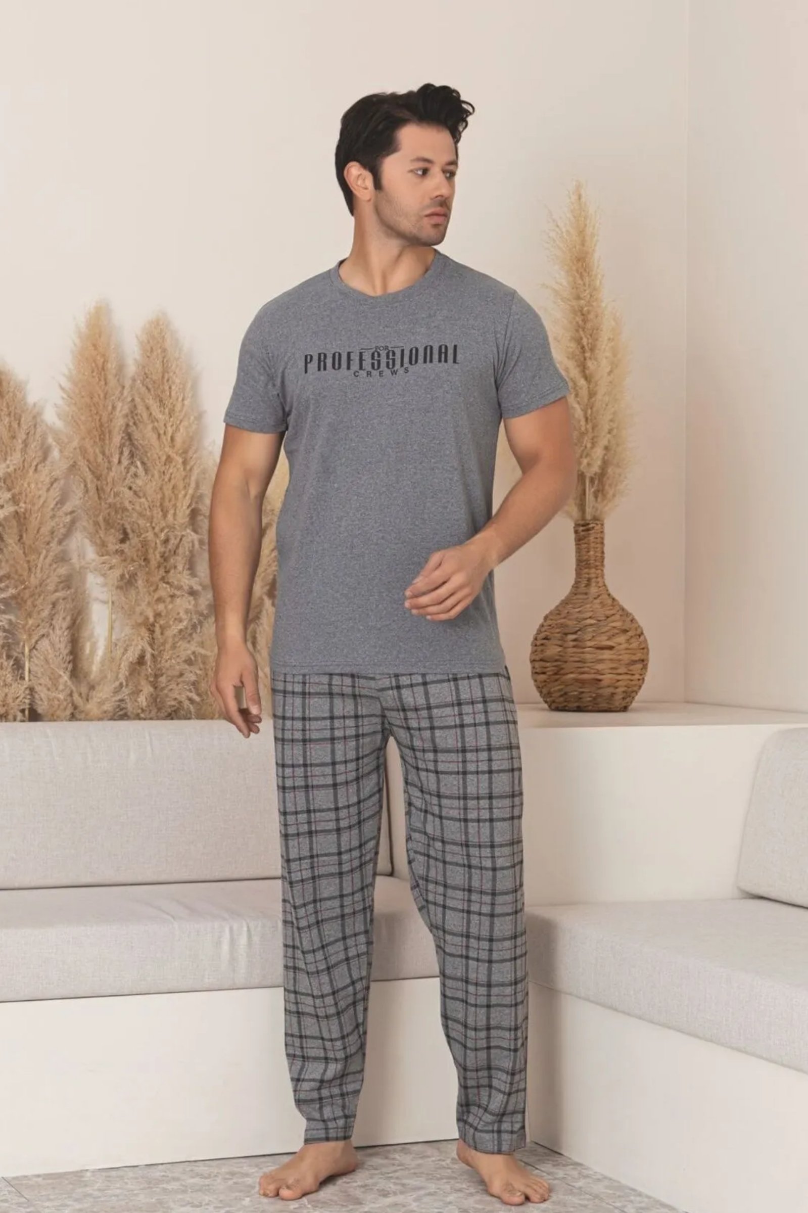 Dreamy Pamuklu Ekose Kareli Kısa Kollu Örme Erkek Pijama Takımı - FÜME