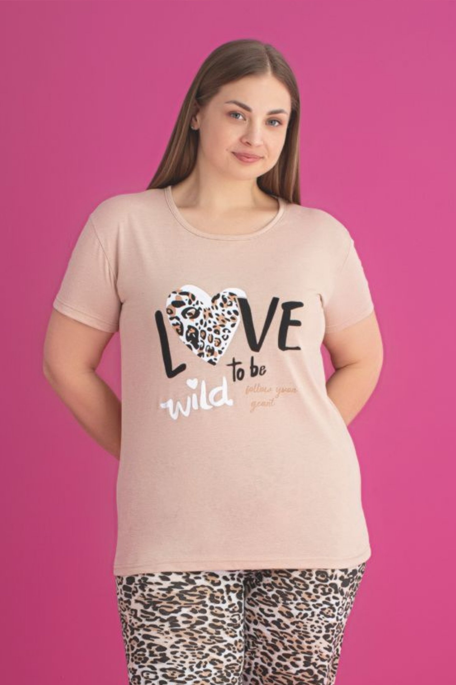 X-Dreamy Büyük Beden Pamuklu Leopar Desenli Kısa Kollu Pijama Takımı - Bej
