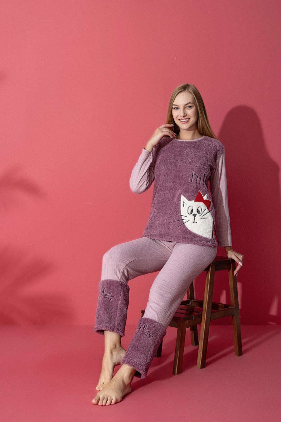 Luxury Soft Kedi Nakışlı Welsoft Pamuklu İnterlok Penye Pijama Takımı