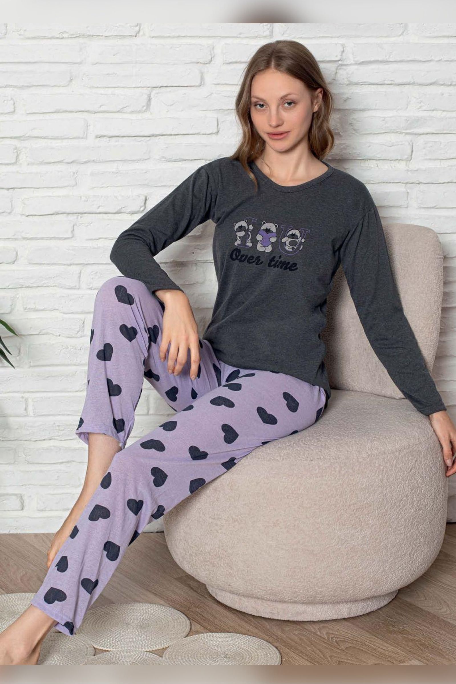 Ecodream Uzun Kollu Desenli Ekonomik Kadın Pijama Takımı - Gri