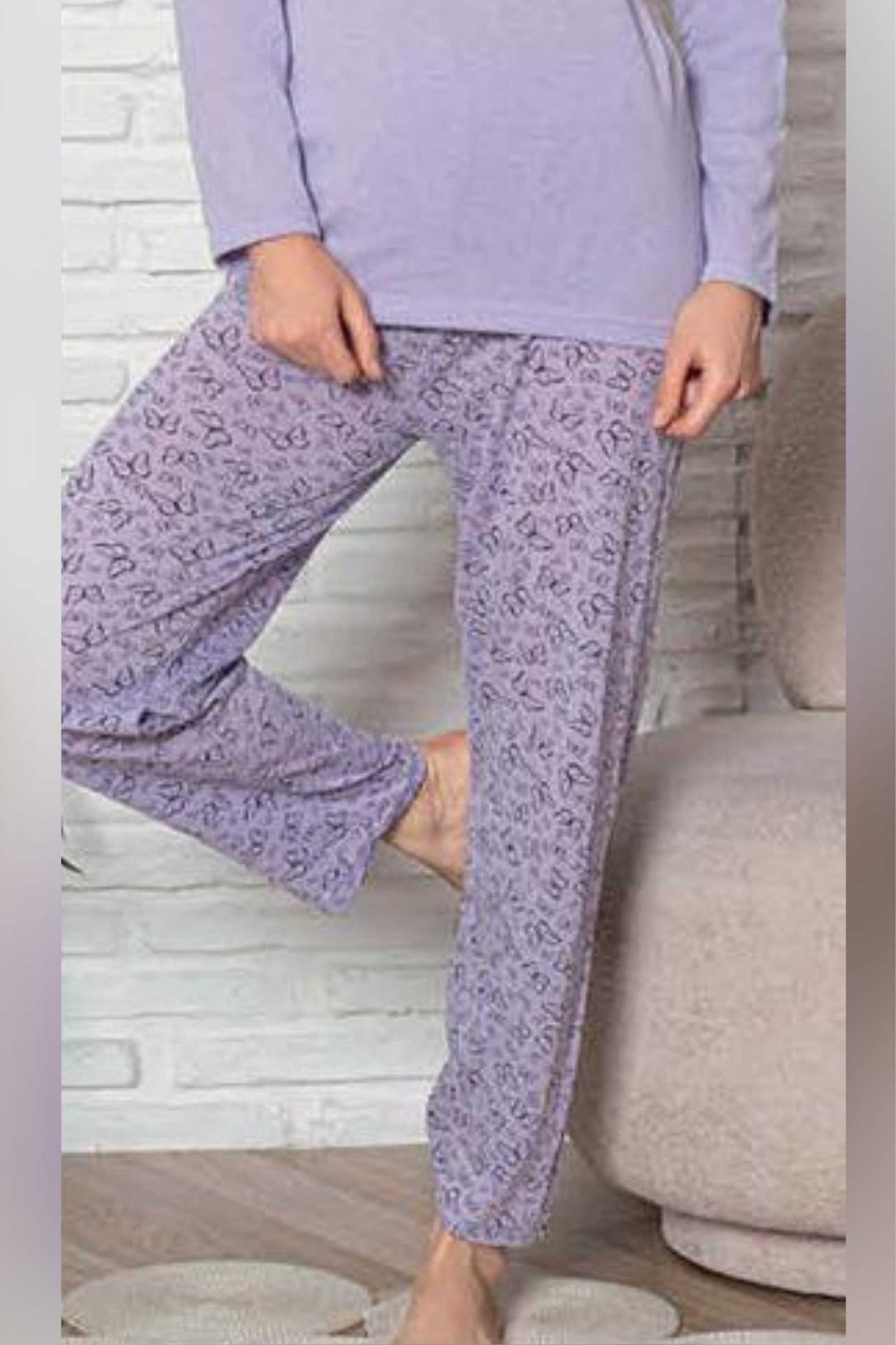Ecodream Uzun Kollu Desenli Ekonomik Kadın Pijama Takımı - Mor