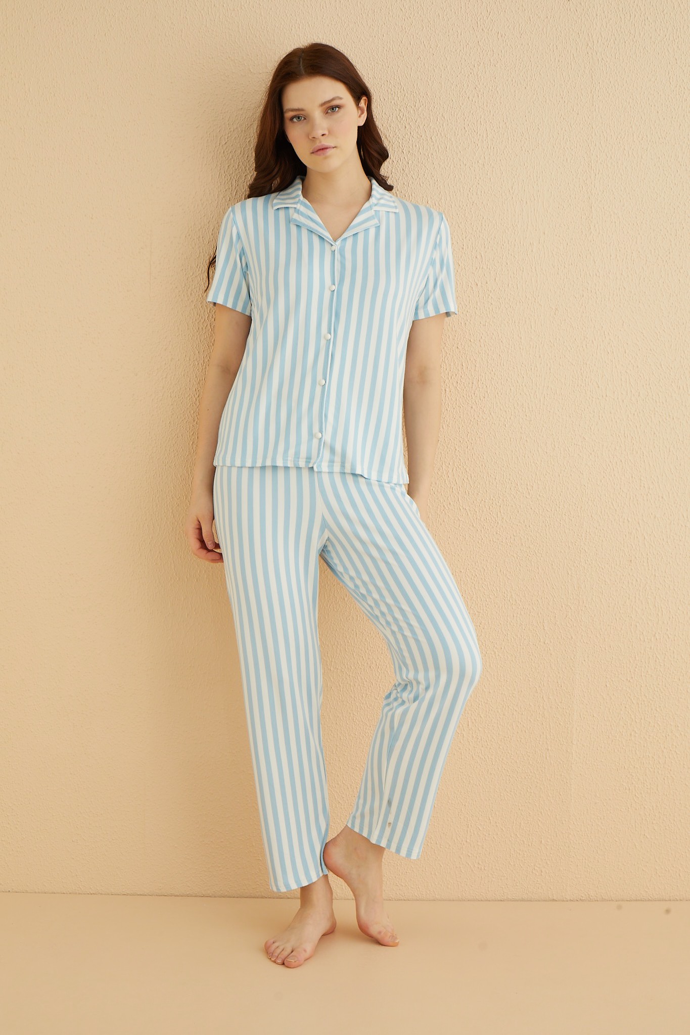 Dreamy Secret Bambu Kumaş Çizgili Kısa Kollu Gömlek Pijama Takımı - Mavi