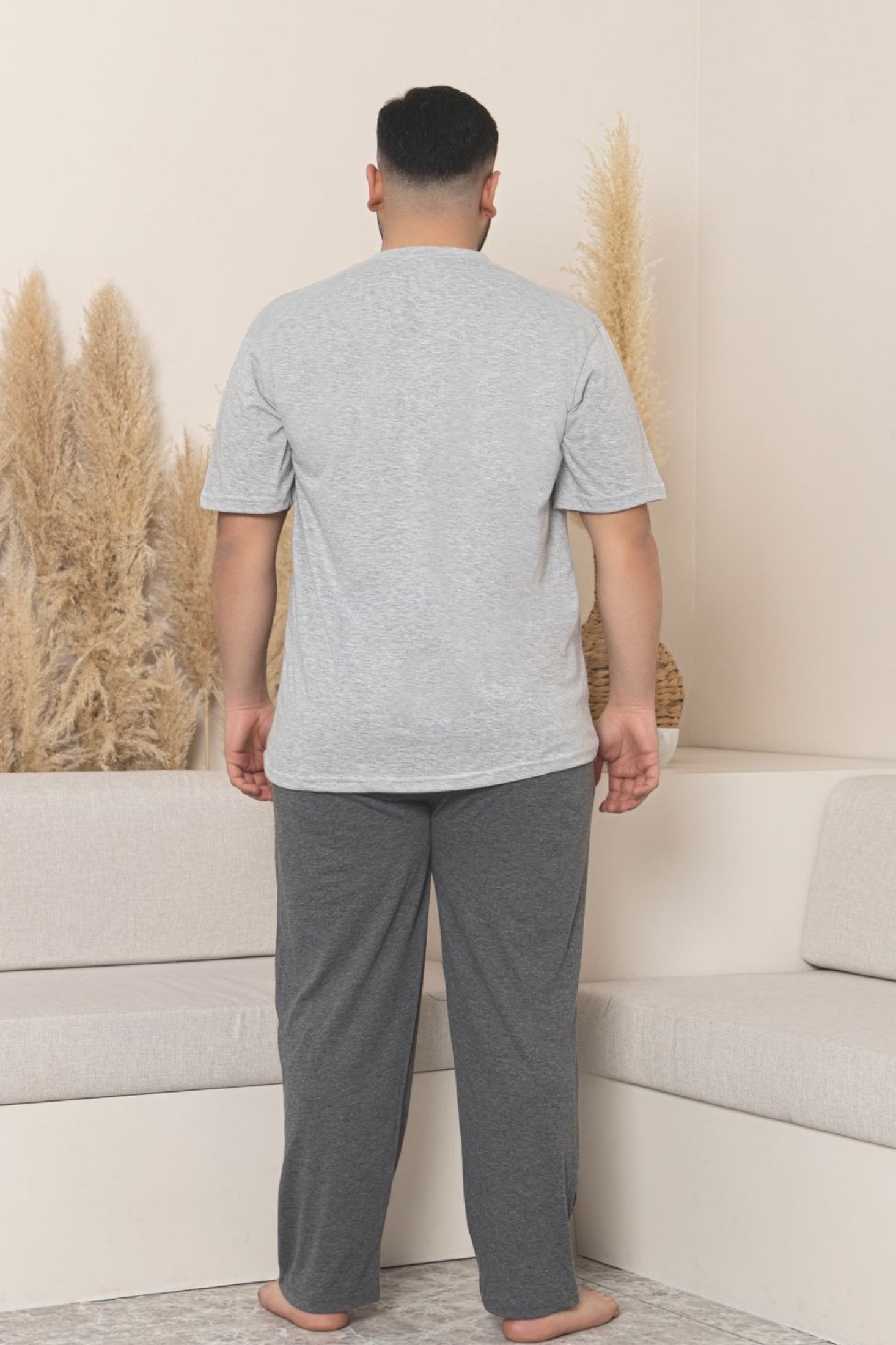 Büyük Beden Pamuklu Cepli Kısa Kollu Erkek Pijama Takımı - Gri