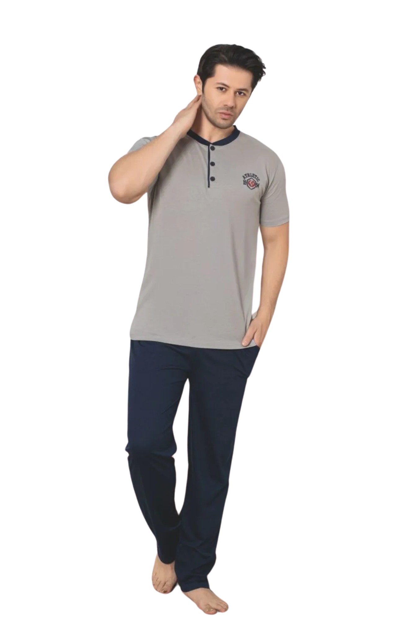Dreamy Pamuklu Cepli Kısa Kollu Örme Erkek Pijama Takımı - Gri