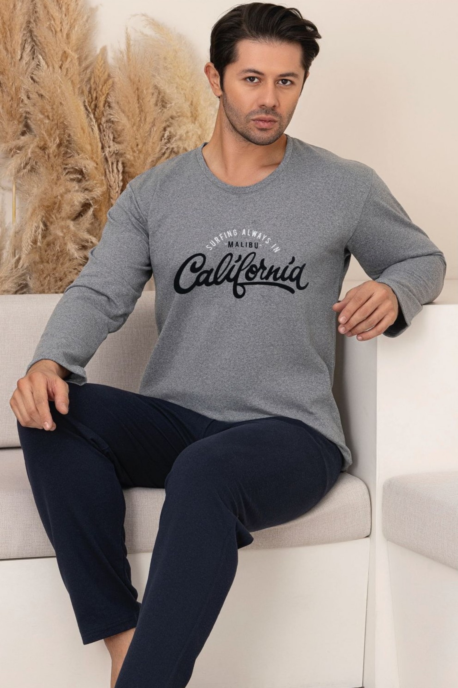 Pamuklu Kalın Kışlık 2 iplik Şardonlu Örme Erkek Pijama Takımı - Gri