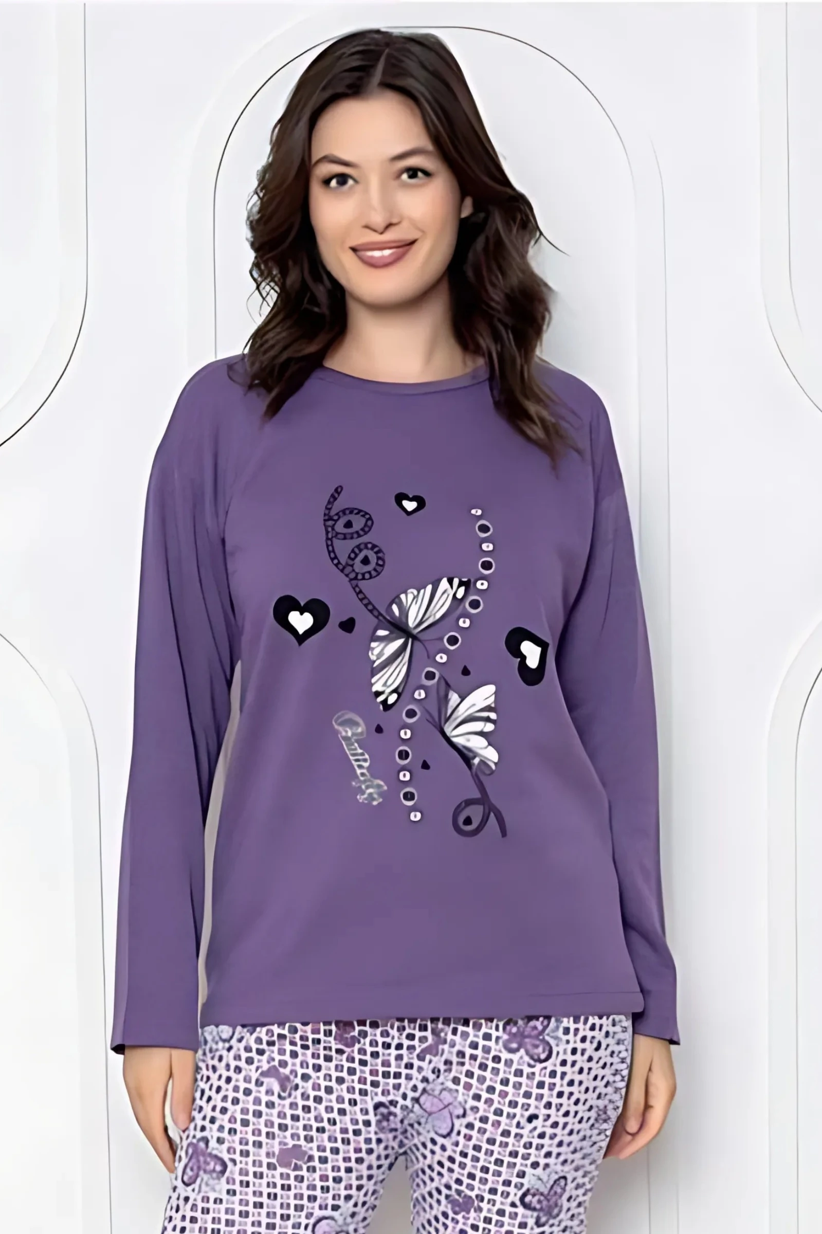 Dreamy Pamuklu Desenli 2 İplik Uzun Kollu Pijama Takımı - Mor