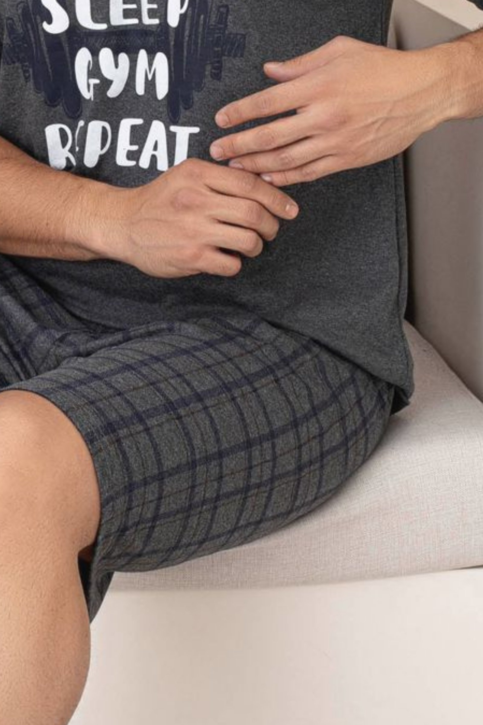 Dreamy Pamuklu Cepli Desenli Kısa Kollu Şortlu Erkek Pijama Takımı - FÜME
