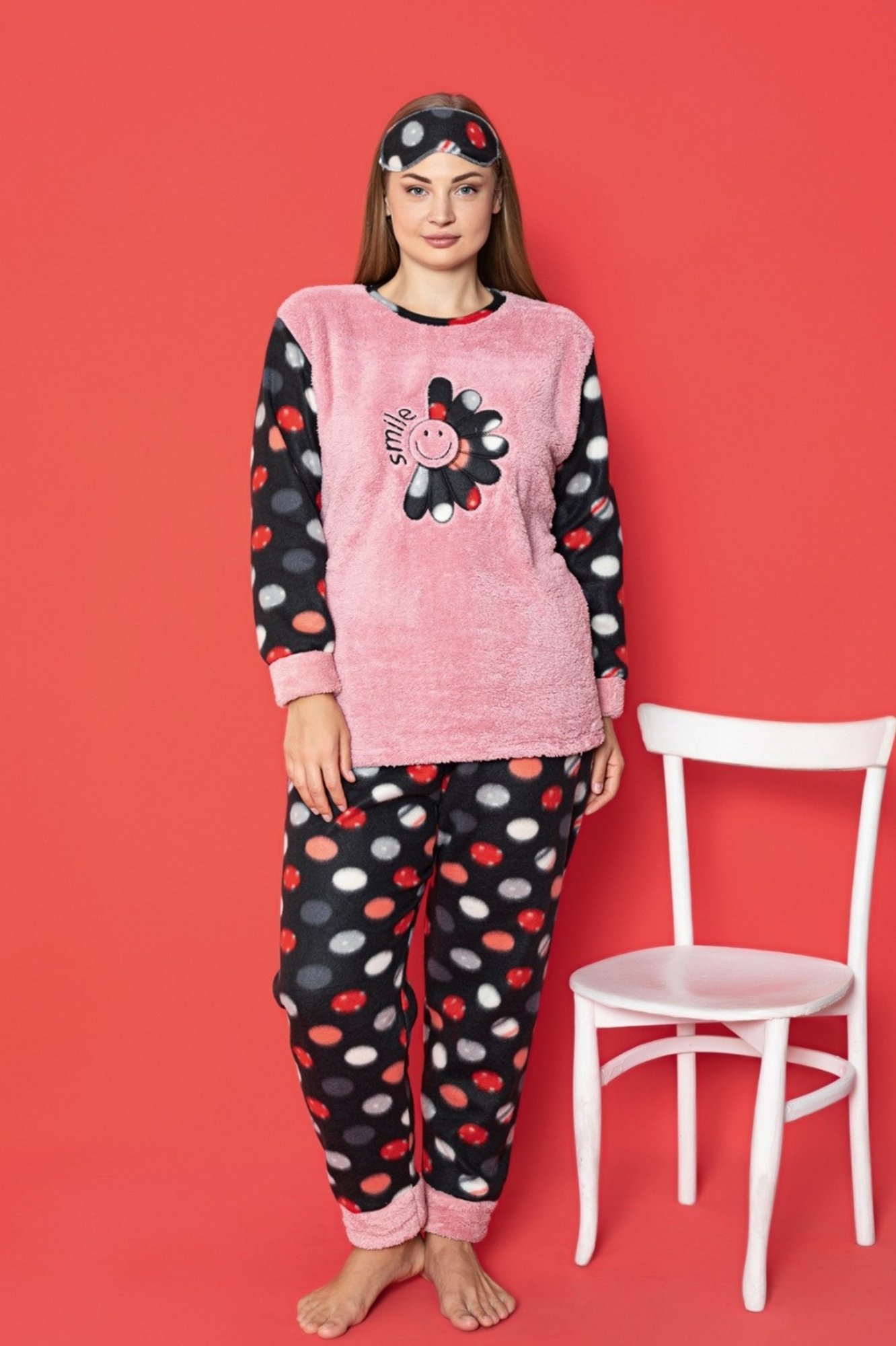 X-Dreamy Büyük Beden Welsoft Polar Puantiyeli Peluş Pijama Takımı - Pembe