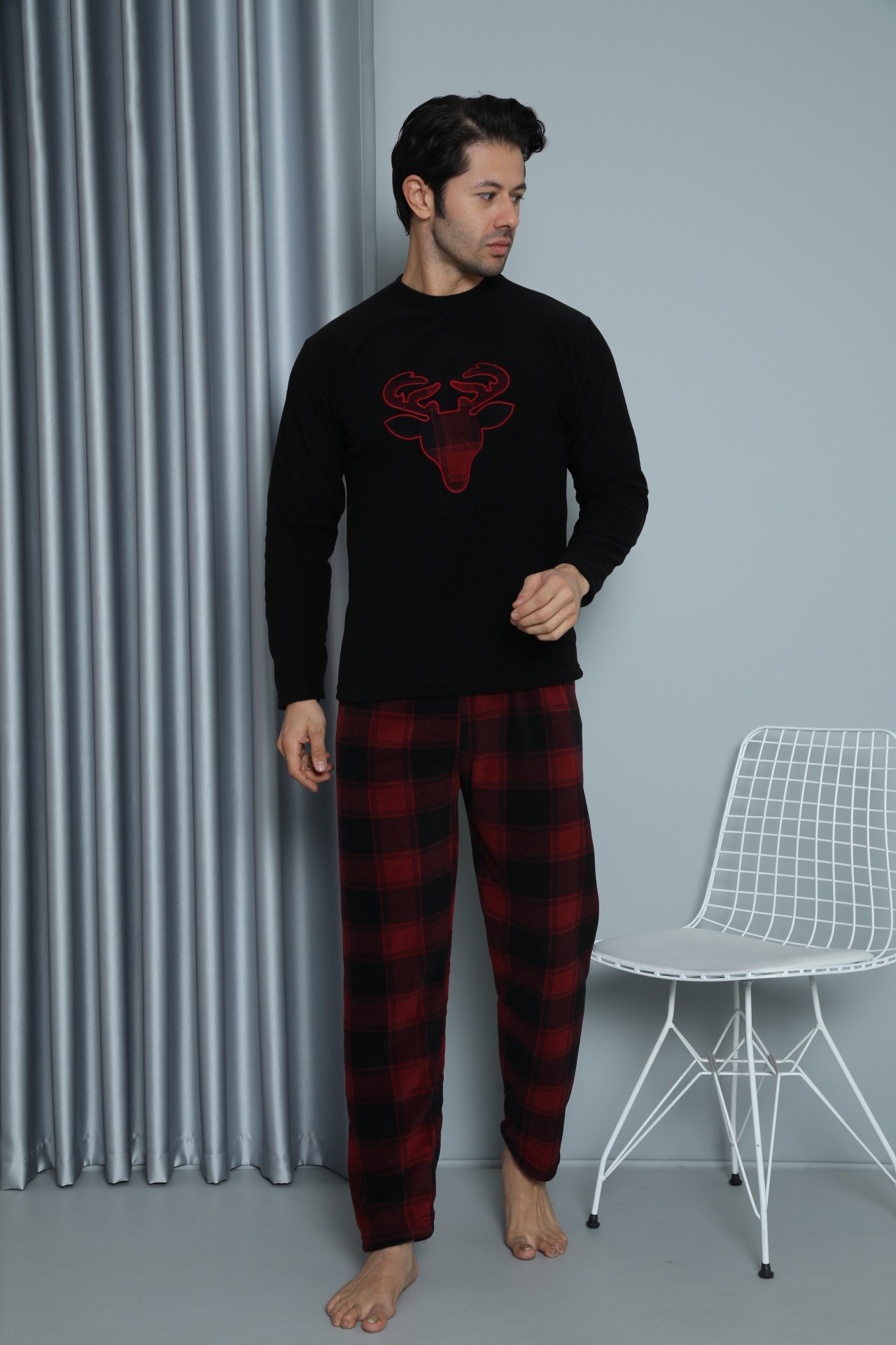 Luxury Soft Polar Ekose Kareli Boğa Desenli Erkek Pijama Takımı - Siyah