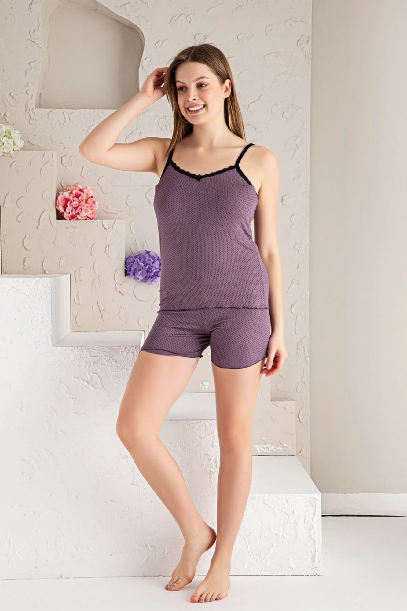 Dreamy Pamuklu Puantiyeli Dantel Detaylı İp Askılı Şortlu Takım - Mor