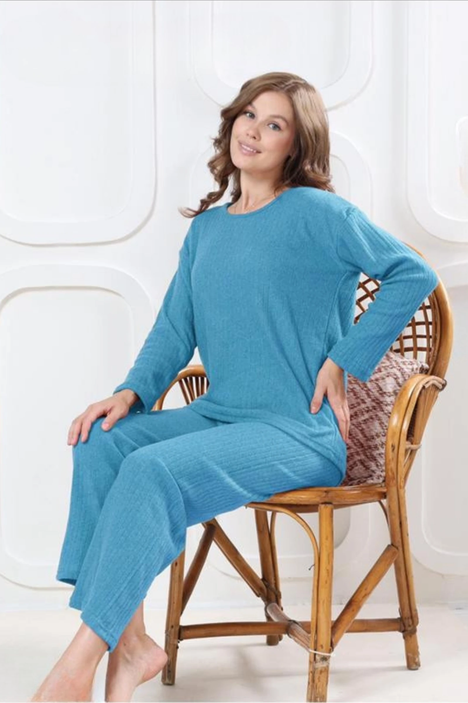 Pamuklu Kalın Kışlık İnterlok Şeritli Uzun Kollu Örme Pijama Takımı - Mavi