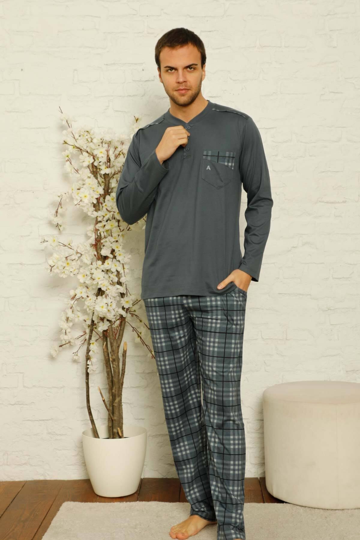 Dreamy Ekoseli Pamuklu Düğmeli Yaka Cepli Erkek Pijama Takımı Füme
