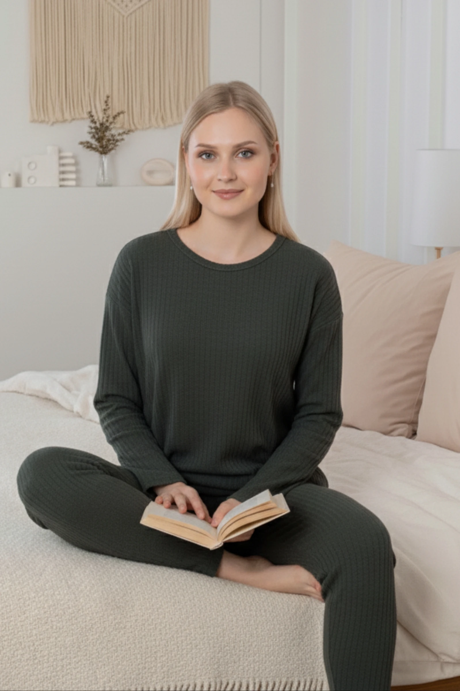 Kalın Kışlık İnterlok Şeritli Uzun Kollu Örme Pijama Takımı - Yeşil