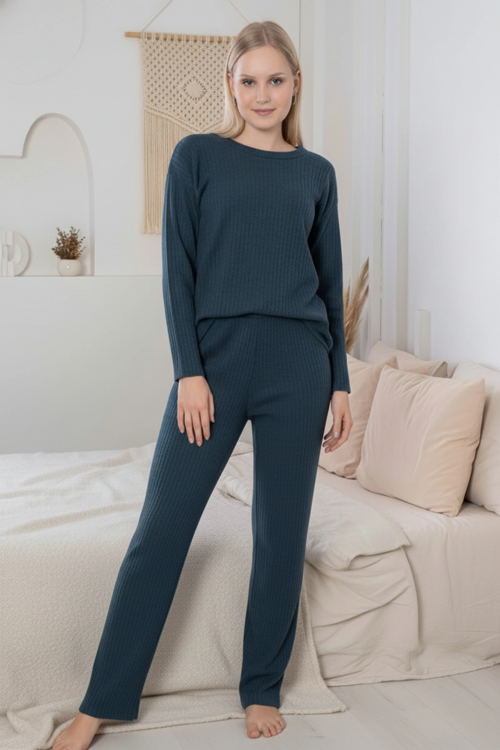 Kalın Kışlık İnterlok Şeritli Uzun Kollu Örme Pijama Takımı - Lacivert