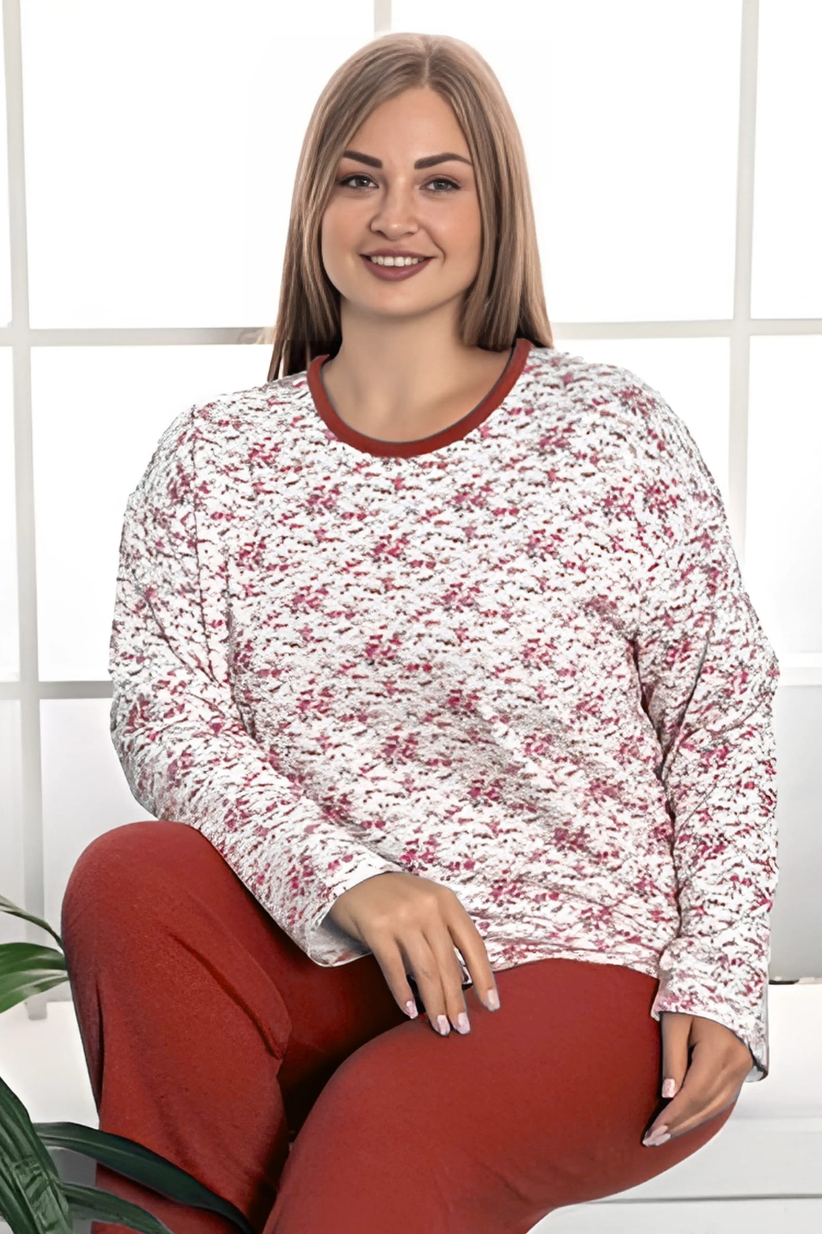 Büyük Beden Pamuklu 2 İplik Şardonlu Kışlık Uzun Kollu Pijama Takımı