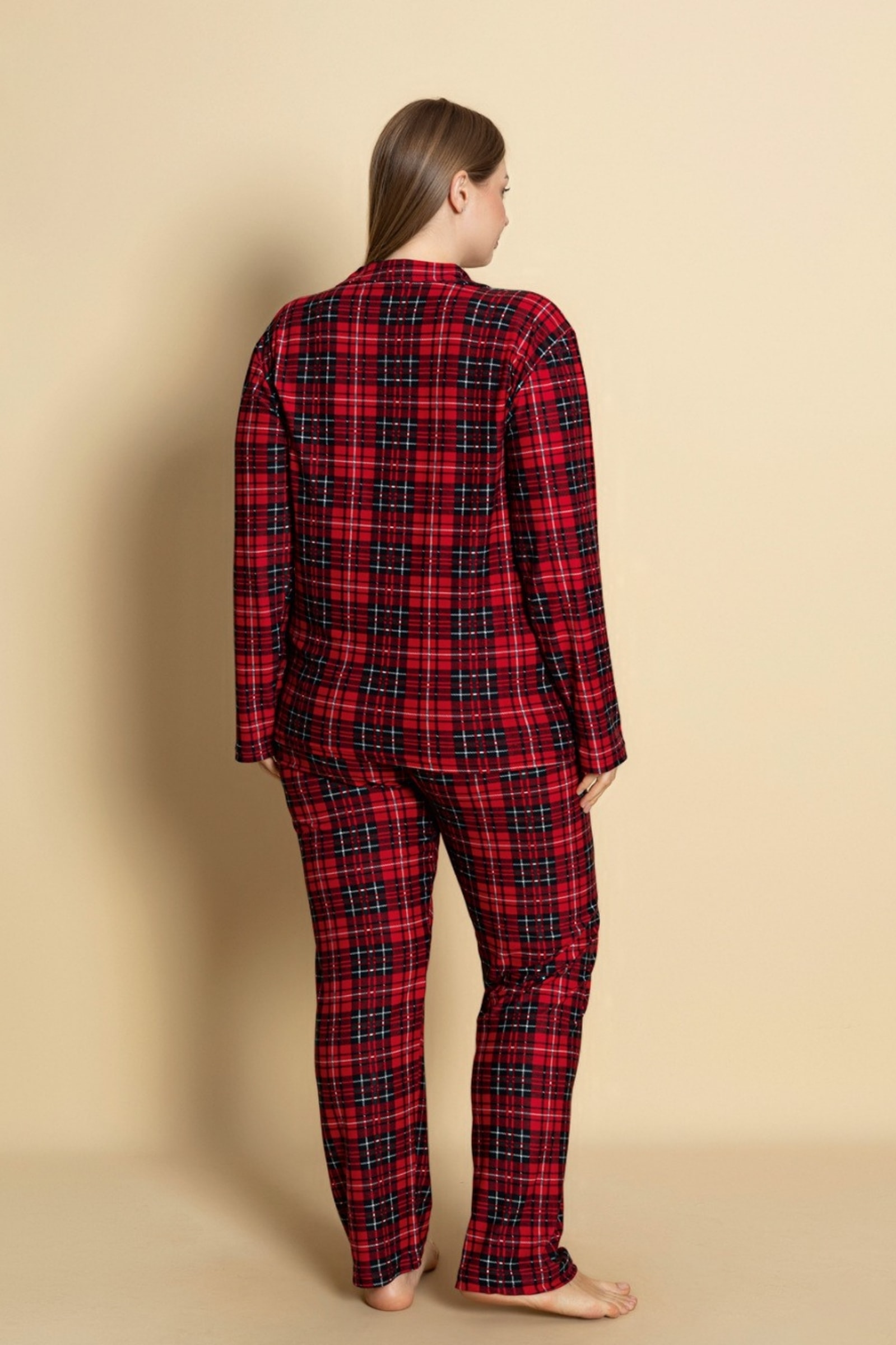 Büyük Beden Pamuklu Ekose Kareli Uzun Kollu Düğmeli Gömlek Pijama Takımı
