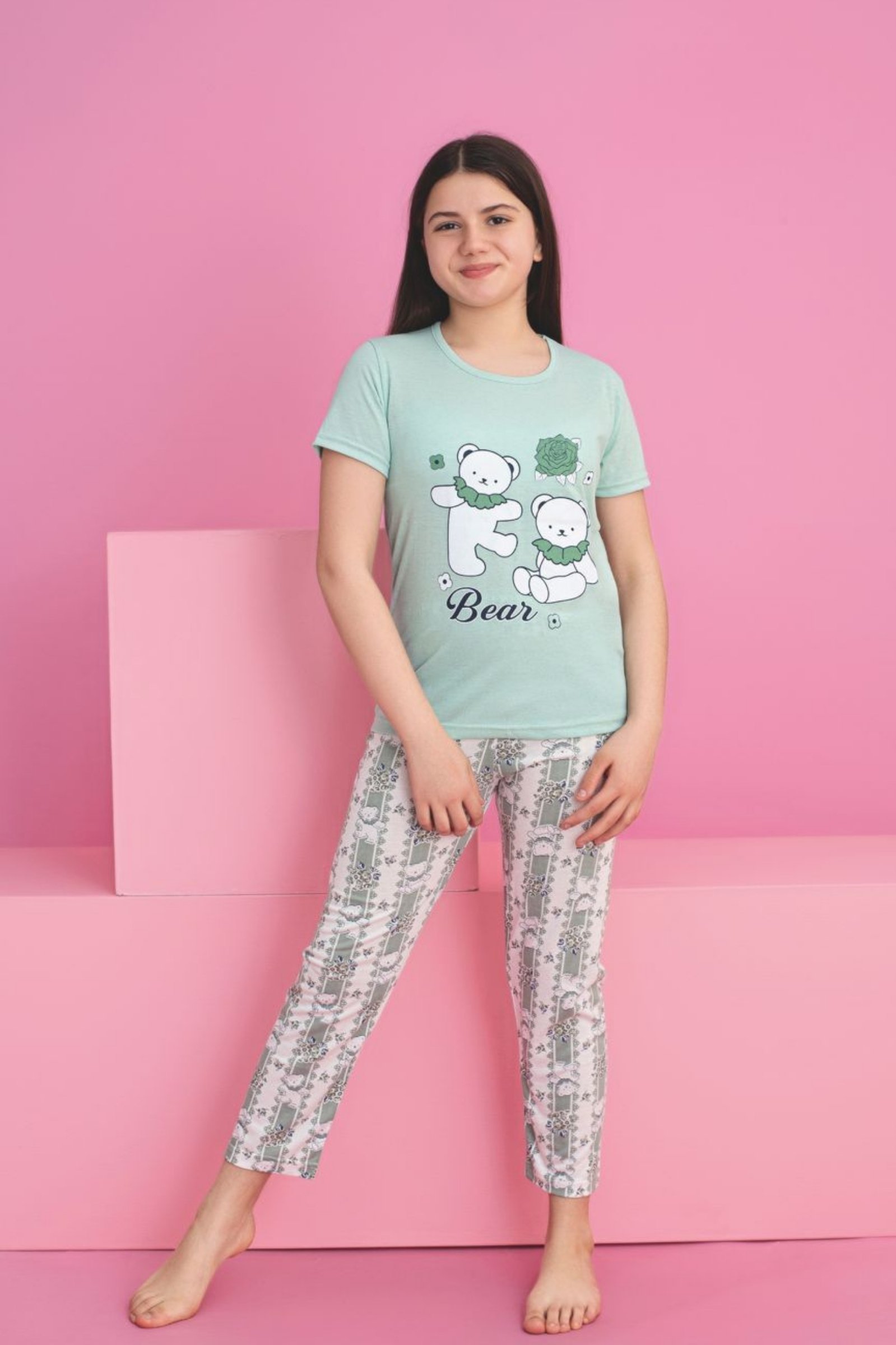 Faryakids Pamuklu Kısa Kollu Kedi Desenli Kız Çocuk Pijama Takımı - Mint