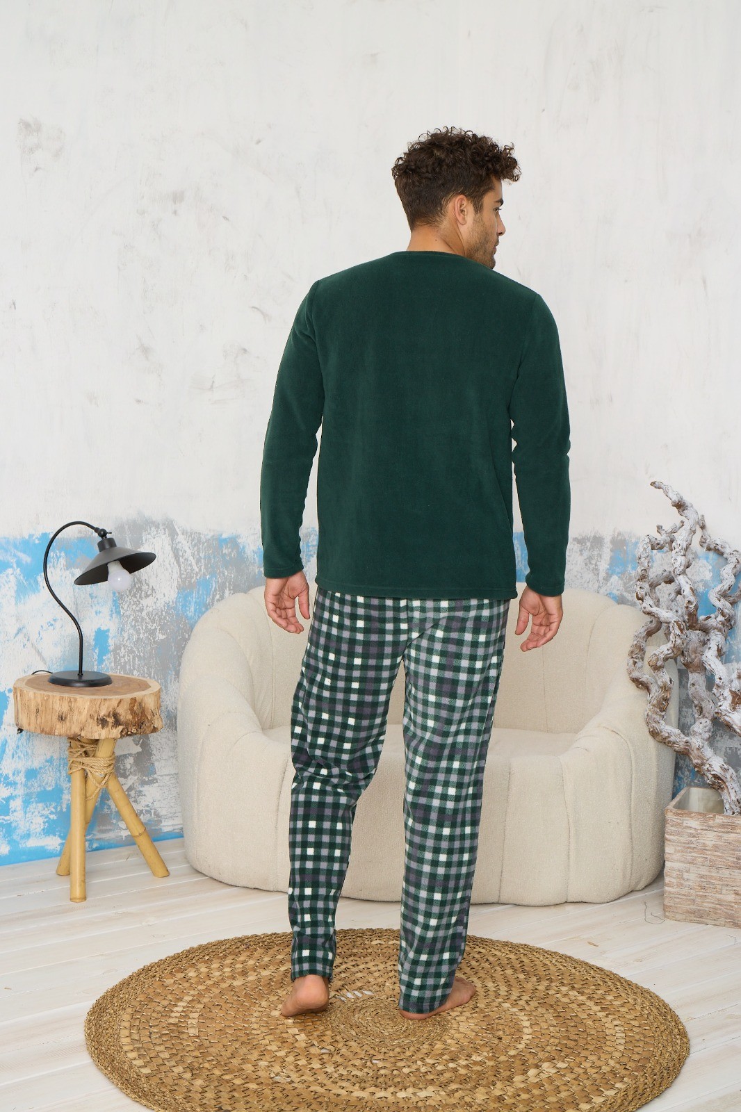 Luxury Soft Polar Ekose Kareli Nakışlı Desenli Erkek Pijama Takımı - Yeşil