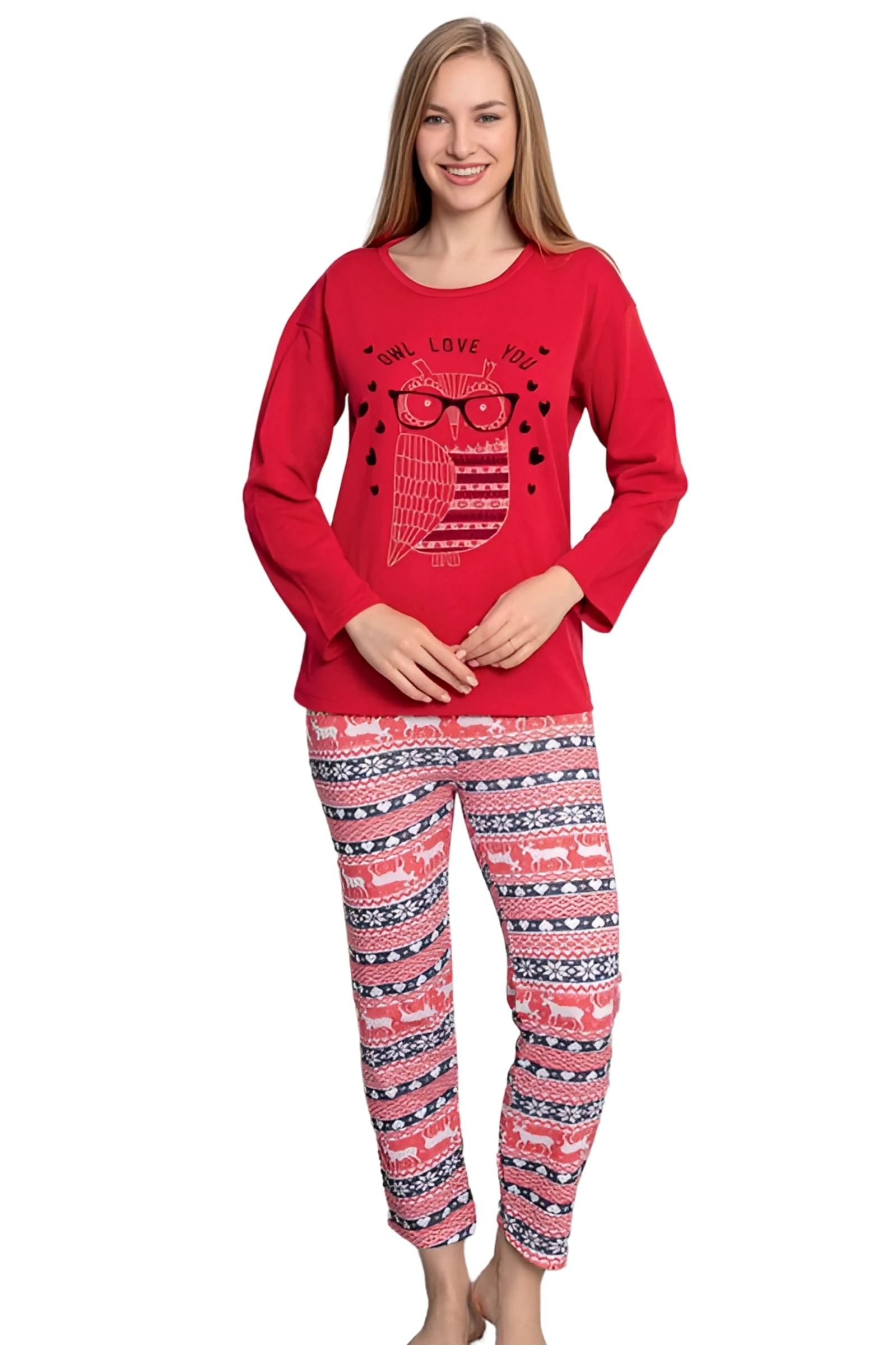 Dreamy Pamuklu Desenli 2 İplik Uzun Kollu Pijama Takımı - Kırmızı