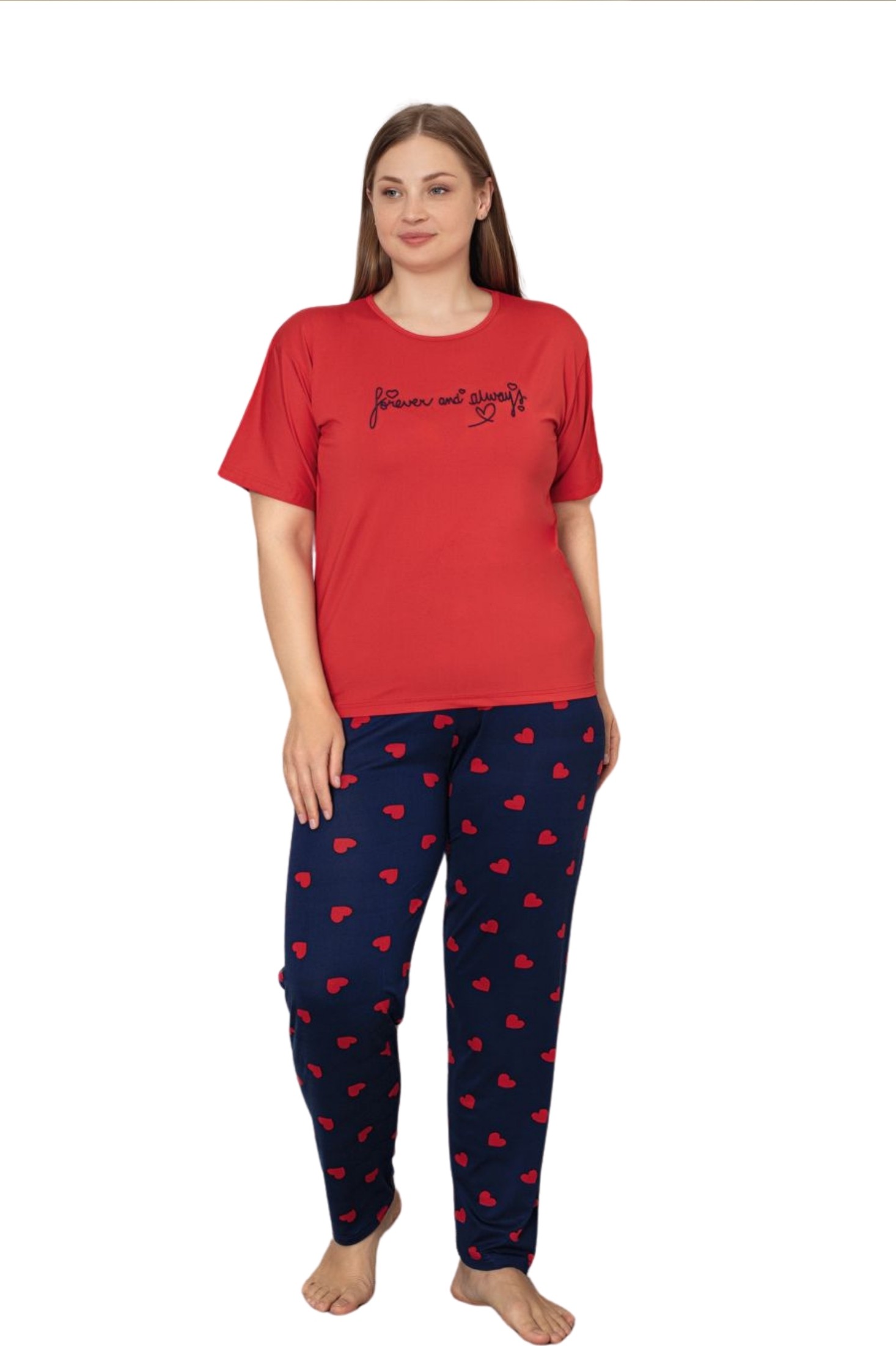 Büyük Beden Milan Bambu Kısa Kollu Likralı Penye Pijama Takımı - Kırmızı