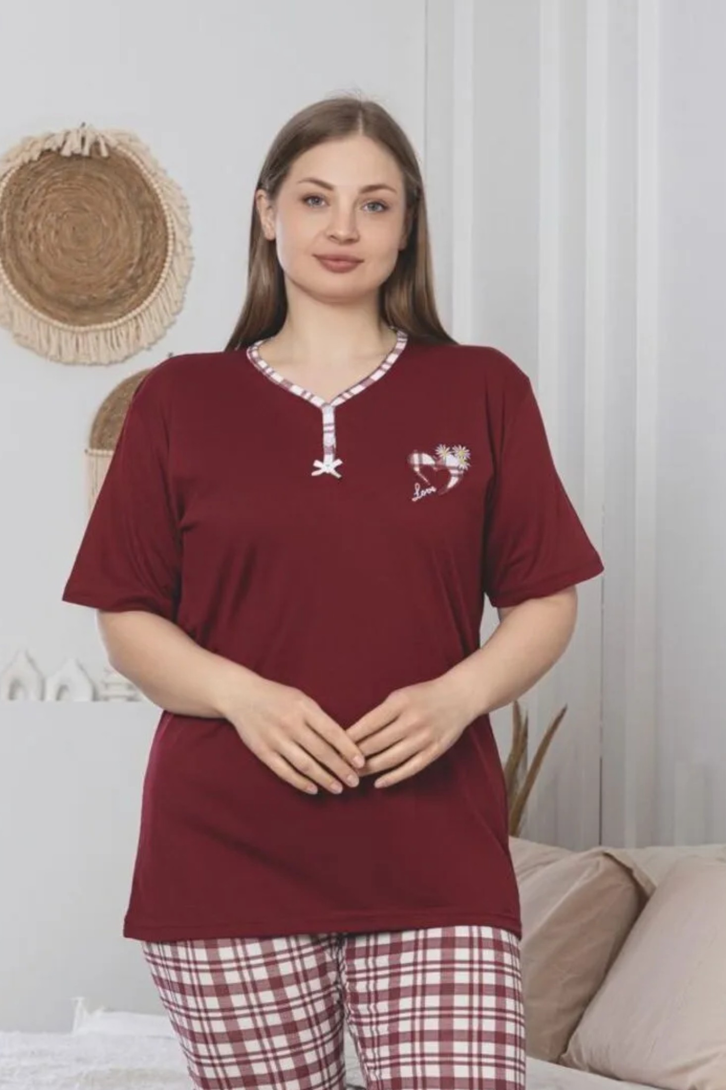X-Dreamy Büyük Beden Pamuklu Desenli Düğmeli Yaka Kapri Pijama Takımı - Kırmızı