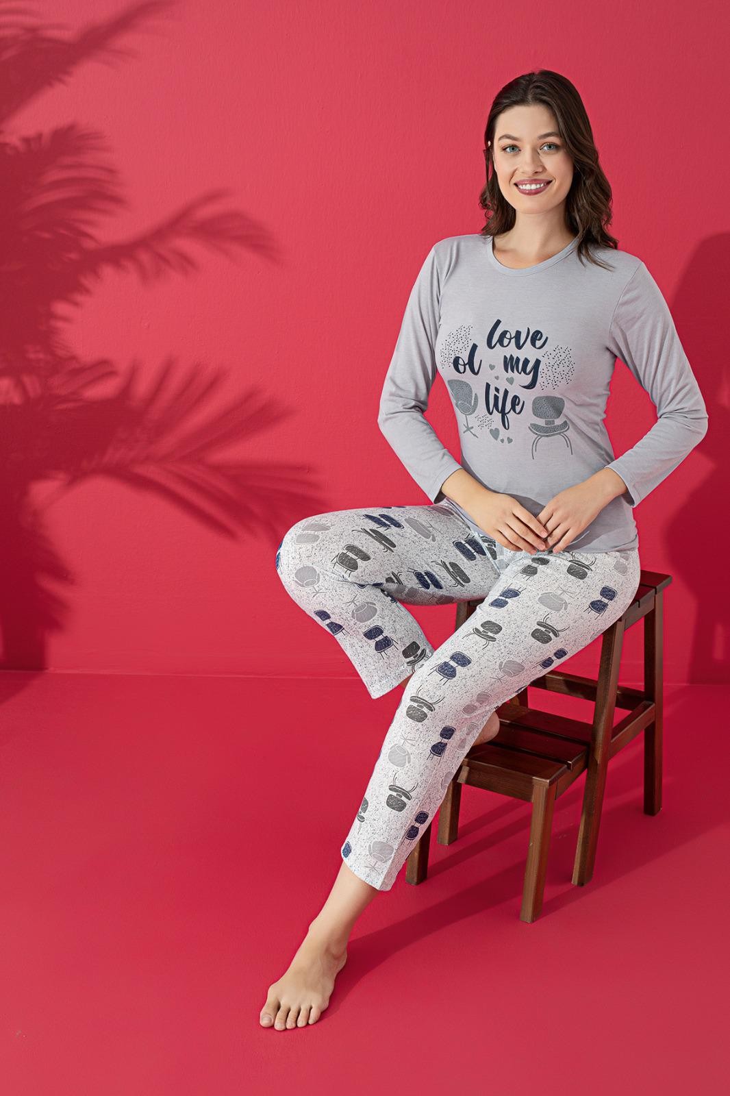 Dreamy Pamuklu Uzun Kollu Desenli Kadın Pijama Takımı - Gri