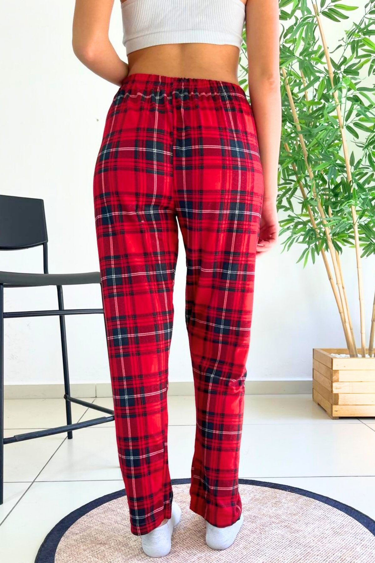Dreamy Soft Kadife Dokulu Ekose Kareli Süet Pijama Altı Pantolon - Kırmızı