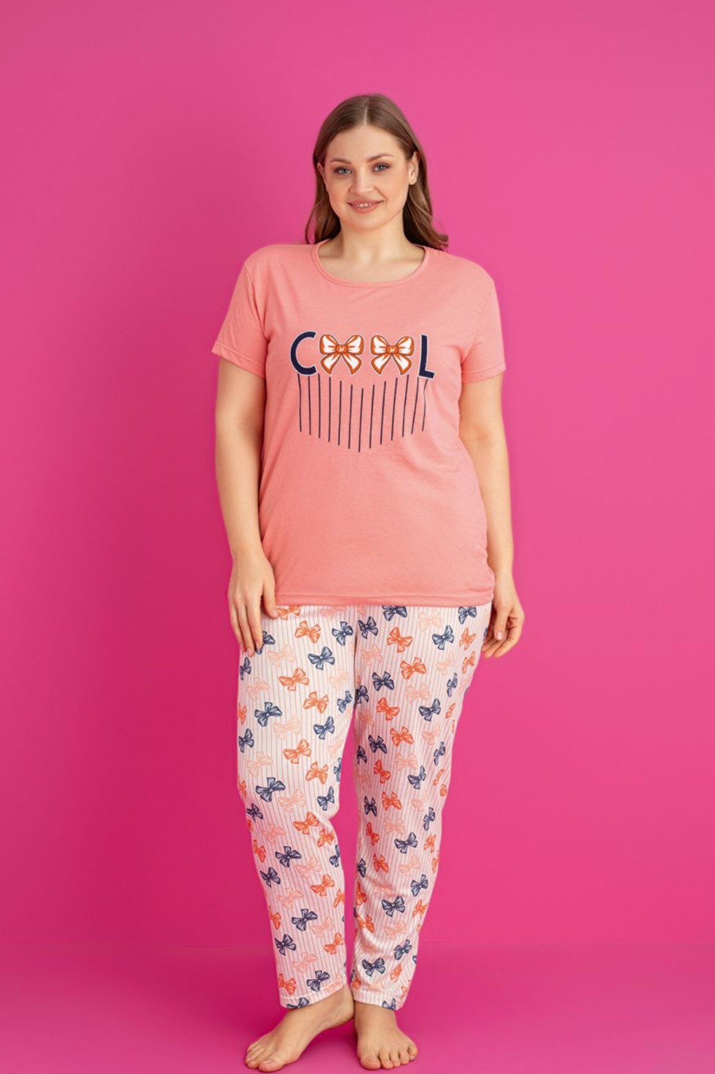 X-Dreamy Büyük Beden Pamuklu Desenli Kısa Kollu Pijama Takımı - Yavruağzı