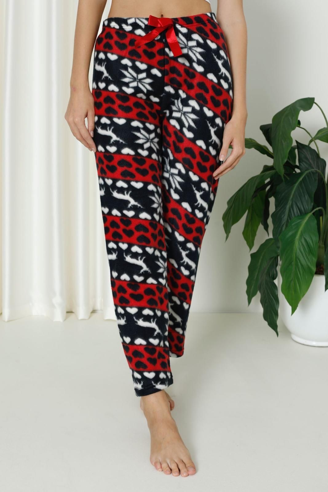 Luxury Soft Welsoft Polar Desenli Kurdeleli Kışlık Pijama Altı Pantolon - Lacivert