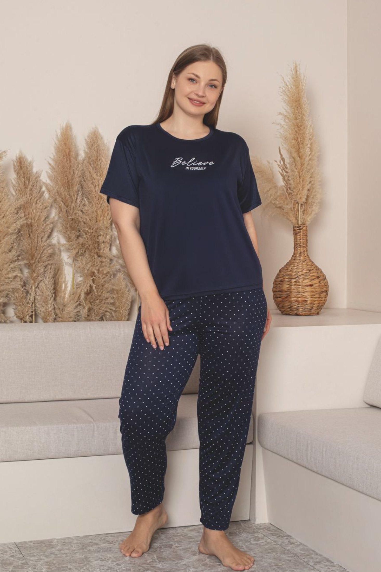 Büyük Beden Milan Bambu Kısa Kollu Likralı Penye Pijama Takımı - Lacivert