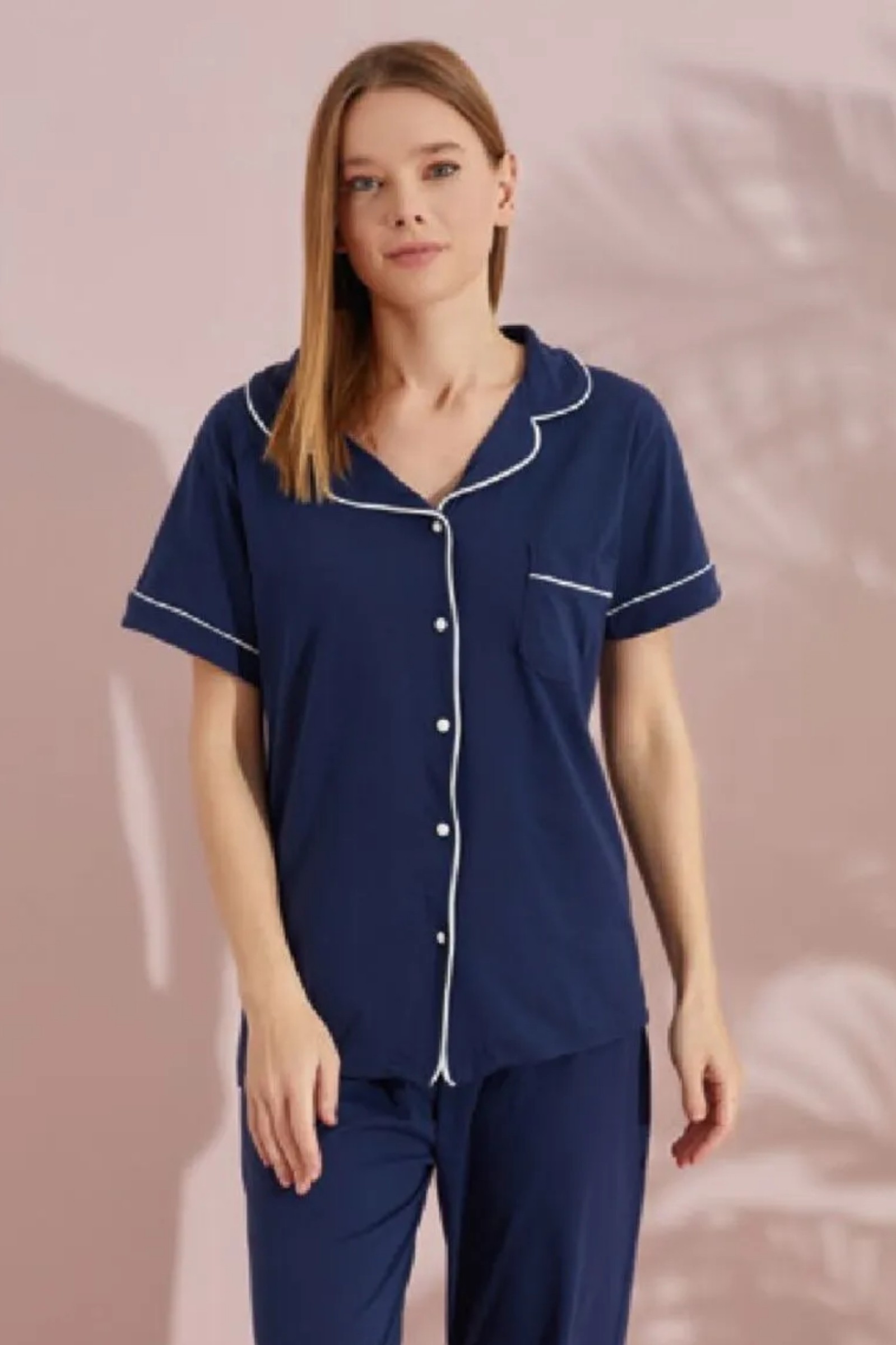 Dreamy Pamuklu Biyeli Kısa Kollu Cep Detaylı Gömlek Pijama Takımı - Lacivert